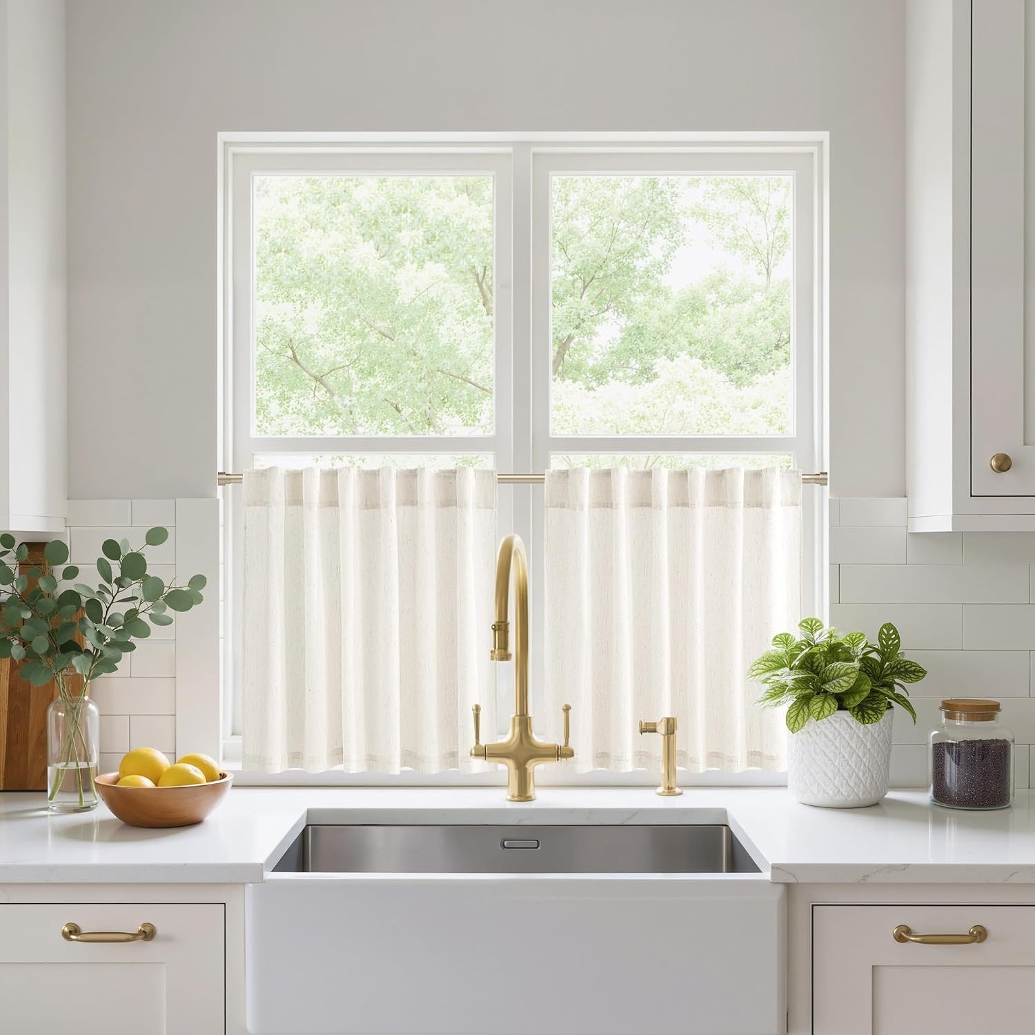 image:imageNICETOWN Kitchen Curtains 24 Inch Linen Textured Tiers Farmhouse CafeNavy Blue