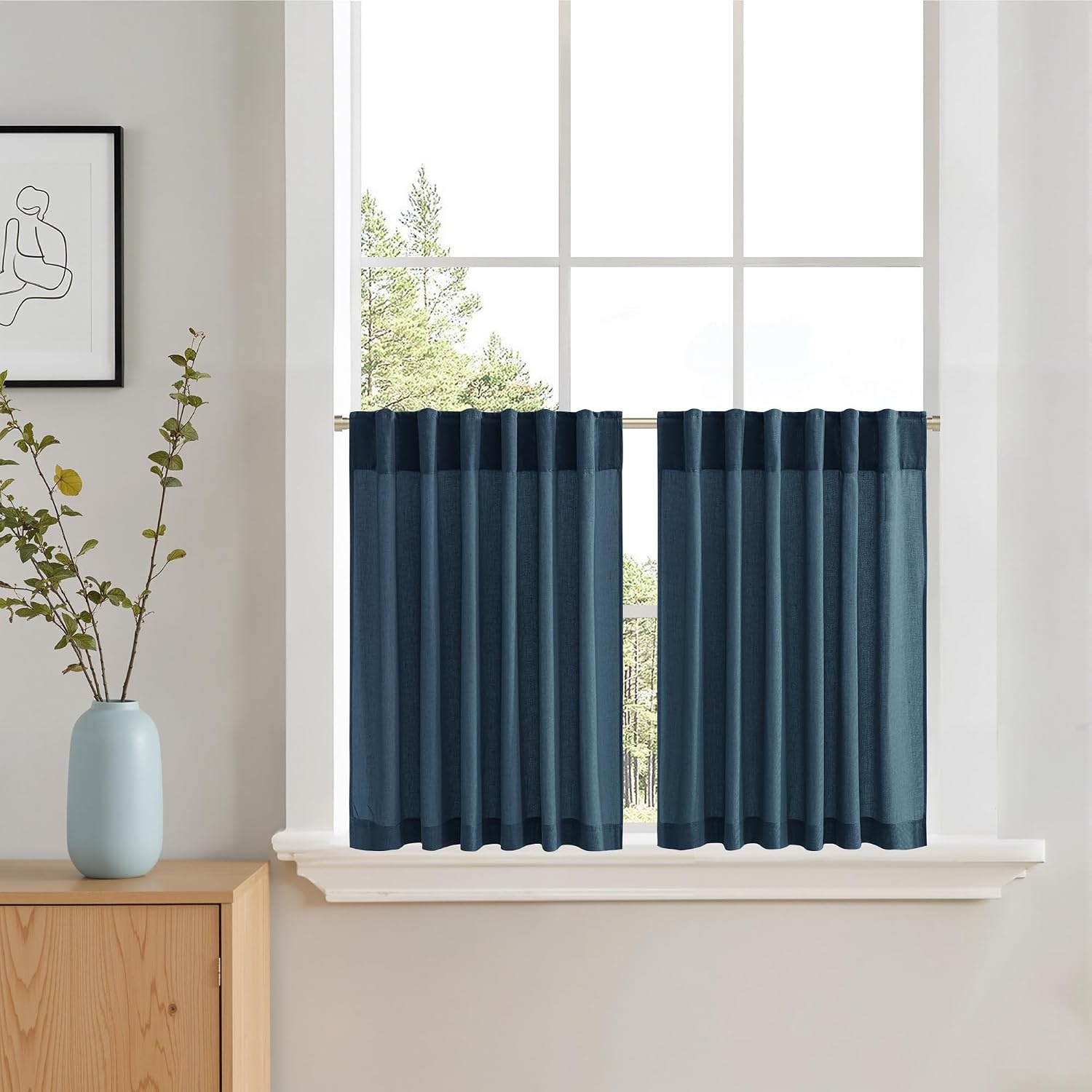 image:imageNICETOWN Kitchen Curtains 24 Inch Linen Textured Tiers Farmhouse CafeNavy Blue