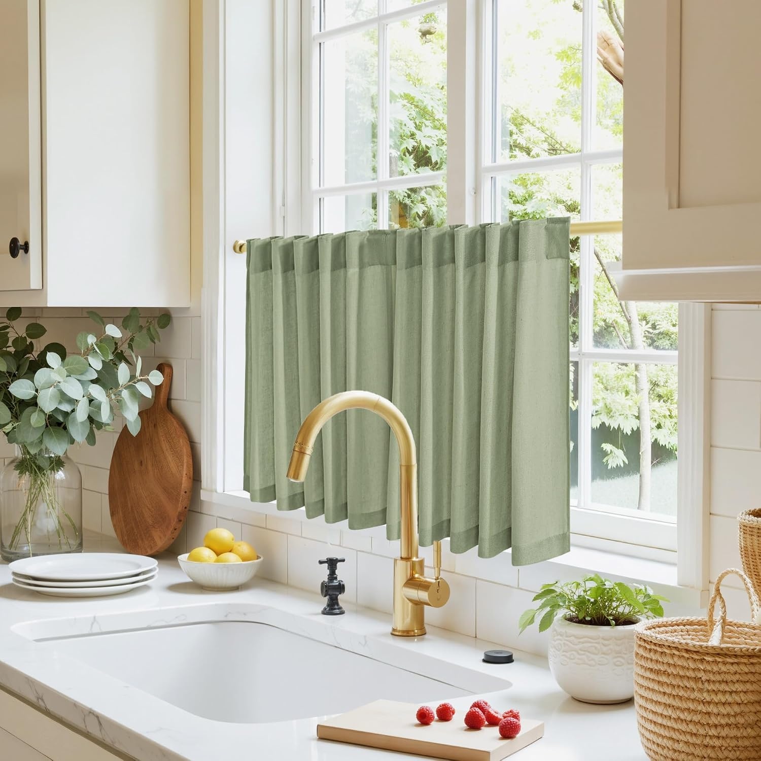 image:imageNICETOWN Kitchen Curtains 24 Inch Linen Textured Tiers Farmhouse CafeSage Green