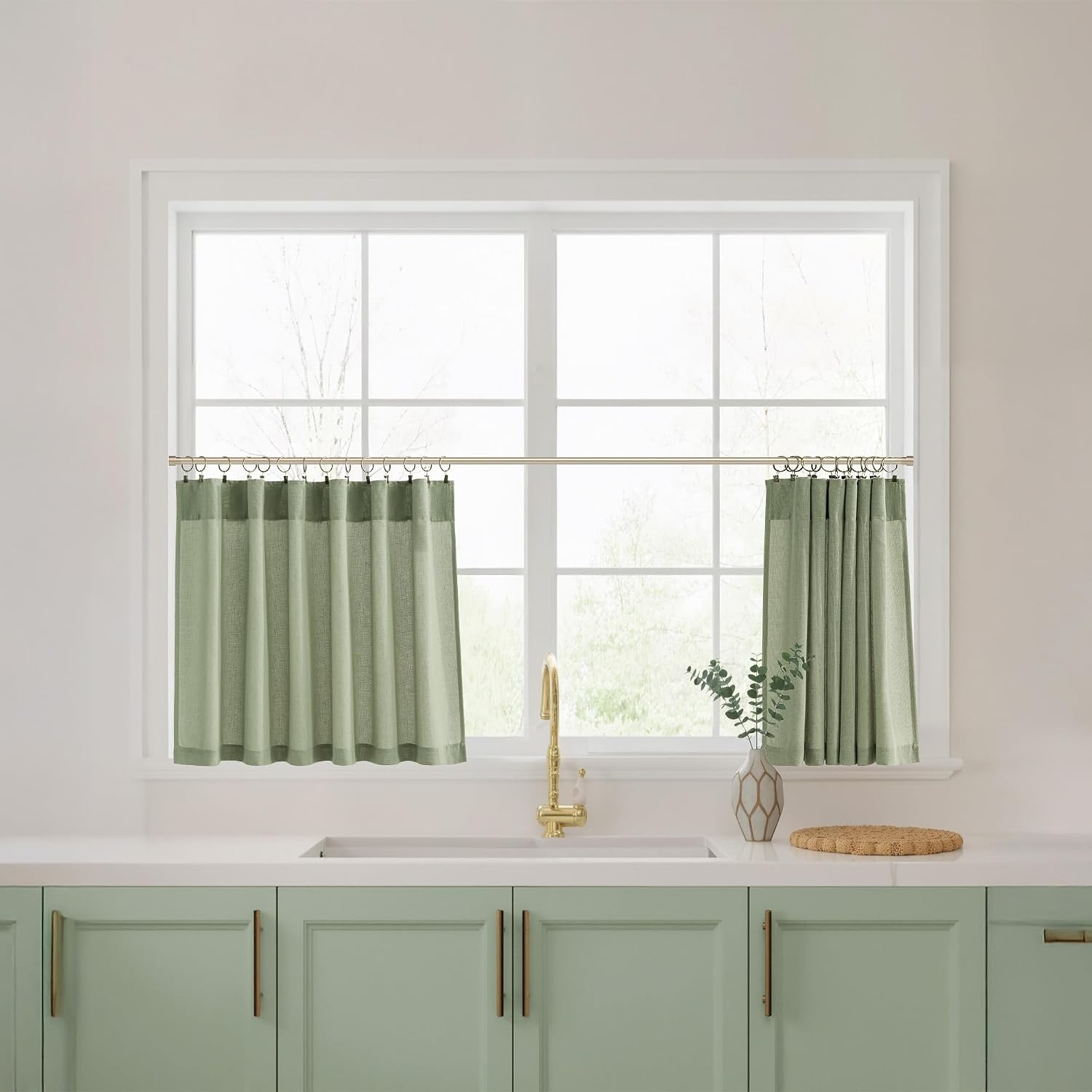 image:imageNICETOWN Kitchen Curtains 24 Inch Linen Textured Tiers Farmhouse CafeSage Green