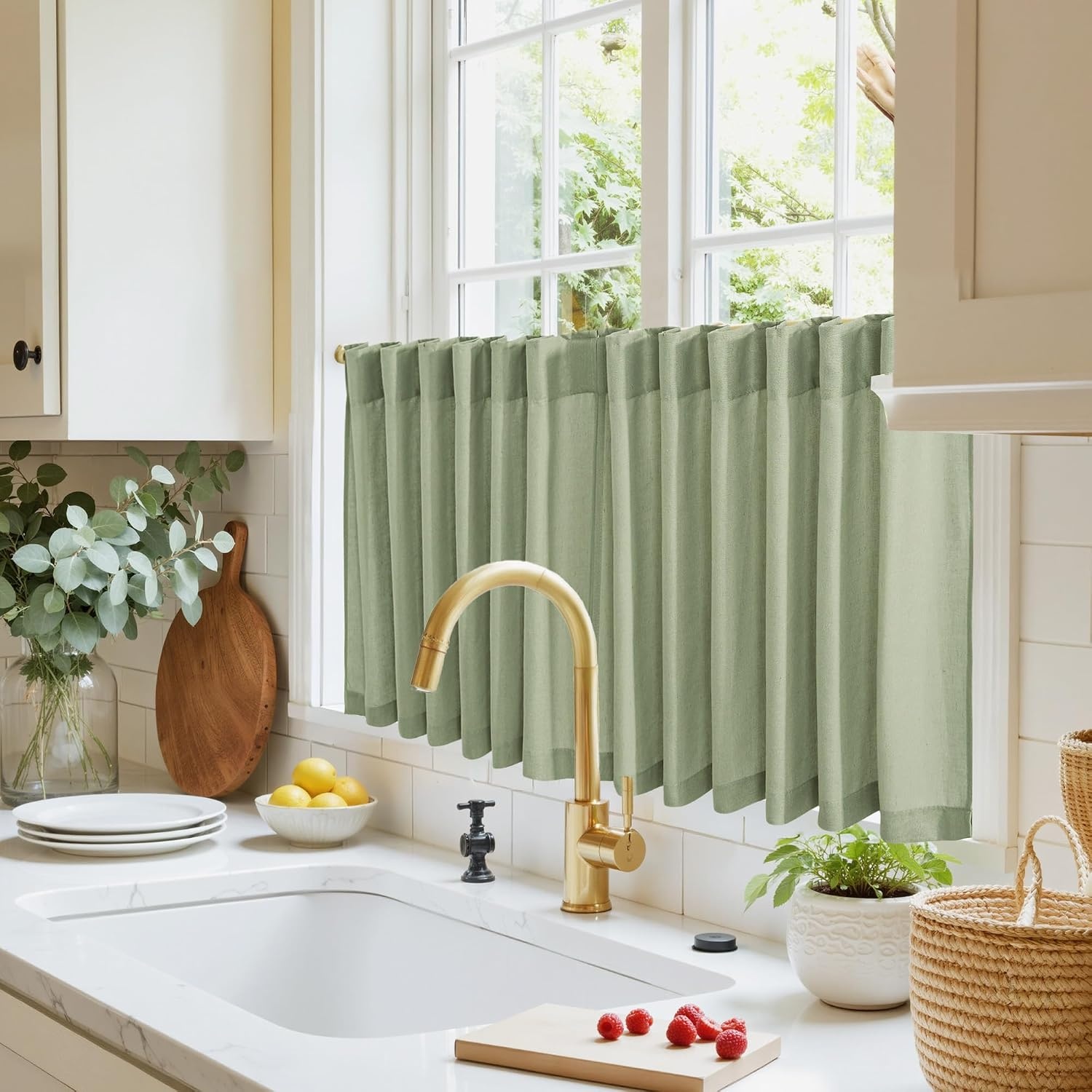 image:imageNICETOWN Kitchen Curtains 24 Inch Linen Textured Tiers Farmhouse CafeSage Green
