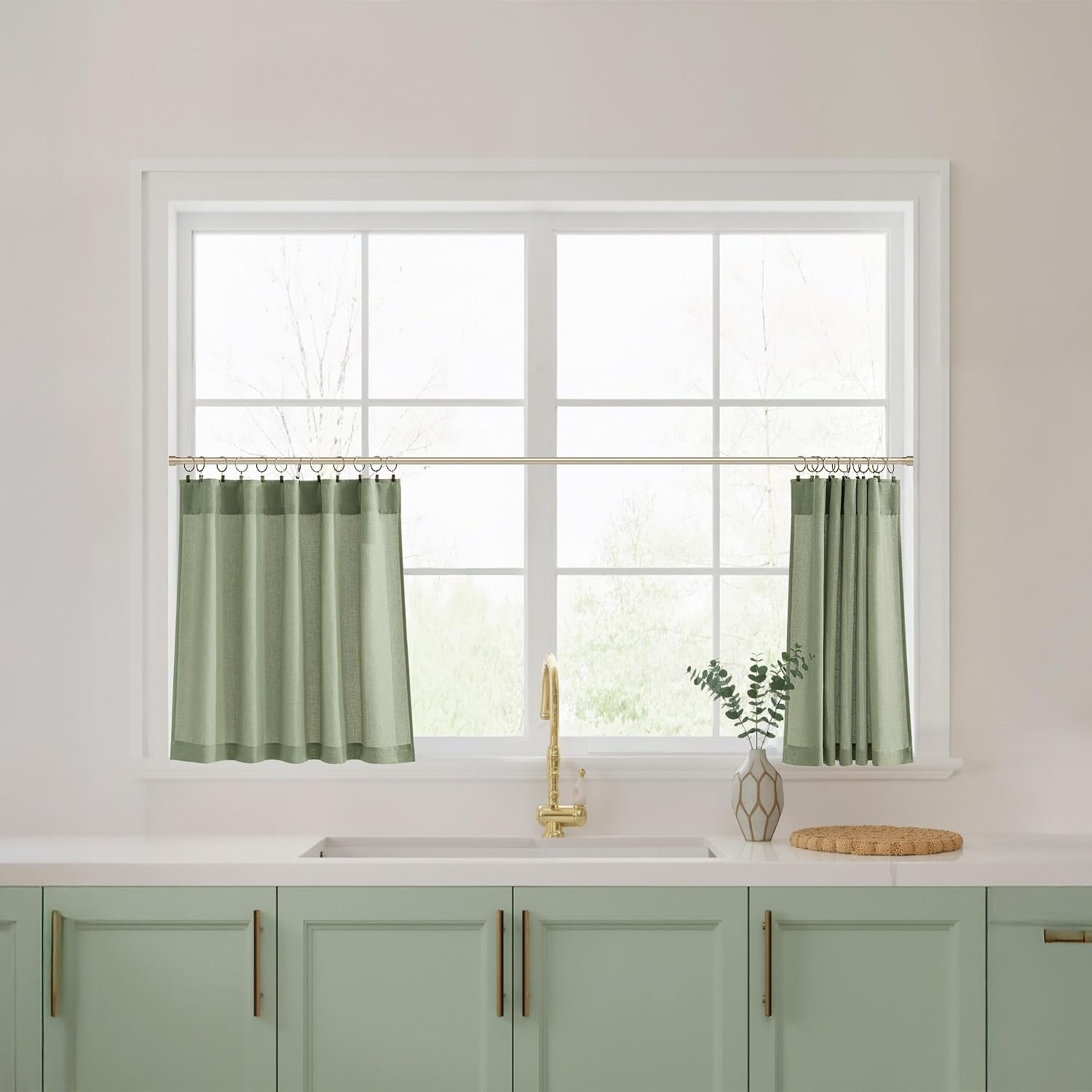 image:imageNICETOWN Kitchen Curtains 24 Inch Linen Textured Tiers Farmhouse CafeSage Green