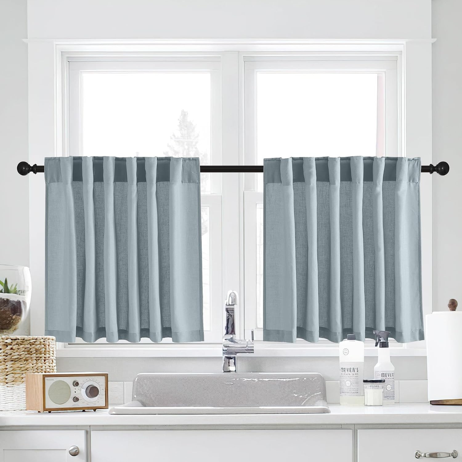 image:imageNICETOWN Kitchen Curtains 24 Inch Linen Textured Tiers Farmhouse CafeStone Blue