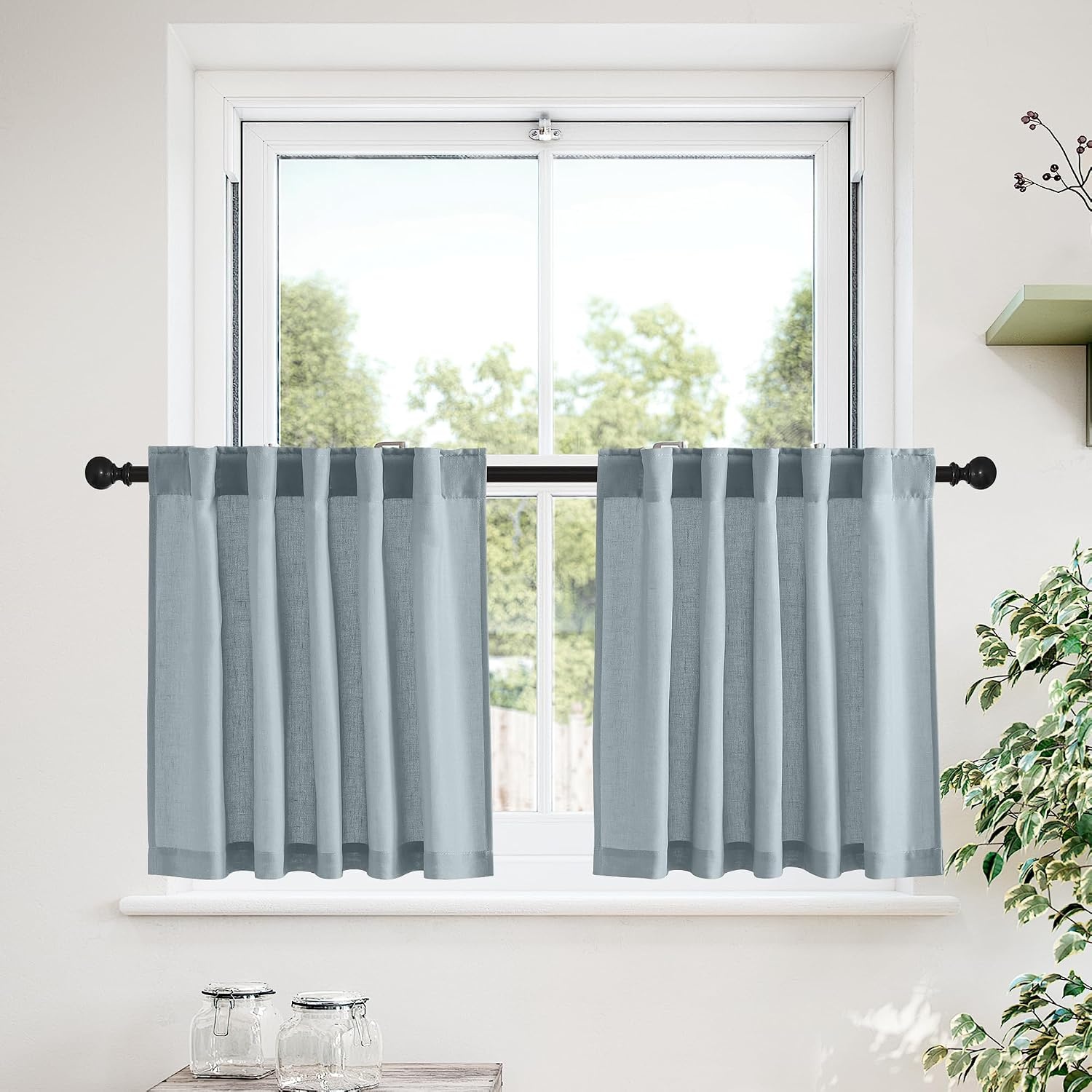 image:imageNICETOWN Kitchen Curtains 24 Inch Linen Textured Tiers Farmhouse CafeStone Blue