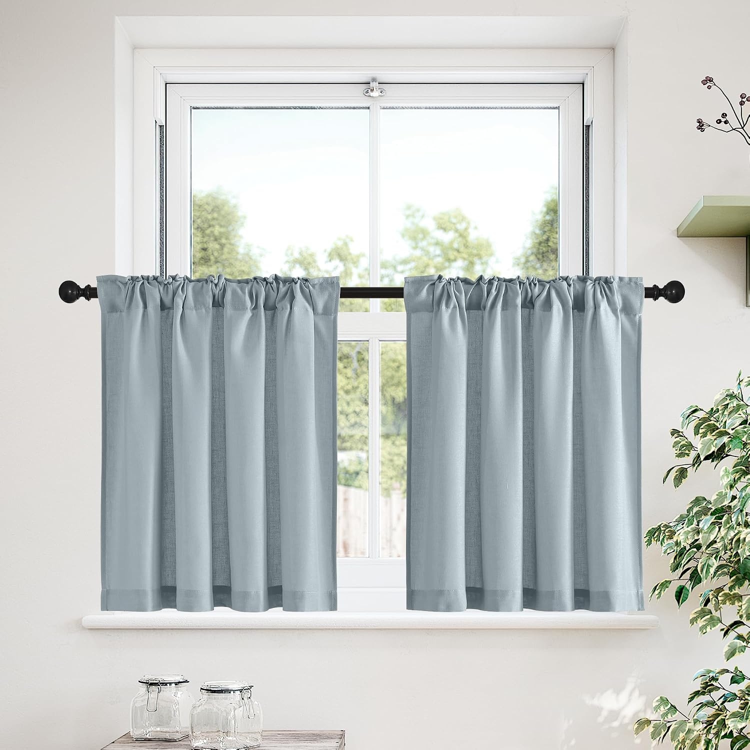 image:imageNICETOWN Kitchen Curtains 24 Inch Linen Textured Tiers Farmhouse CafeStone Blue