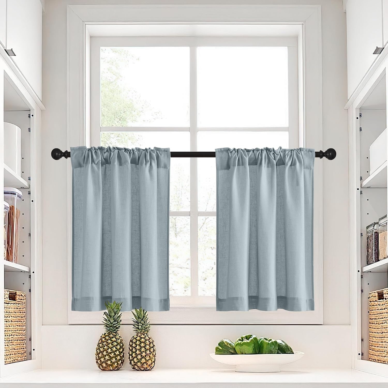 image:imageNICETOWN Kitchen Curtains 24 Inch Linen Textured Tiers Farmhouse CafeStone Blue