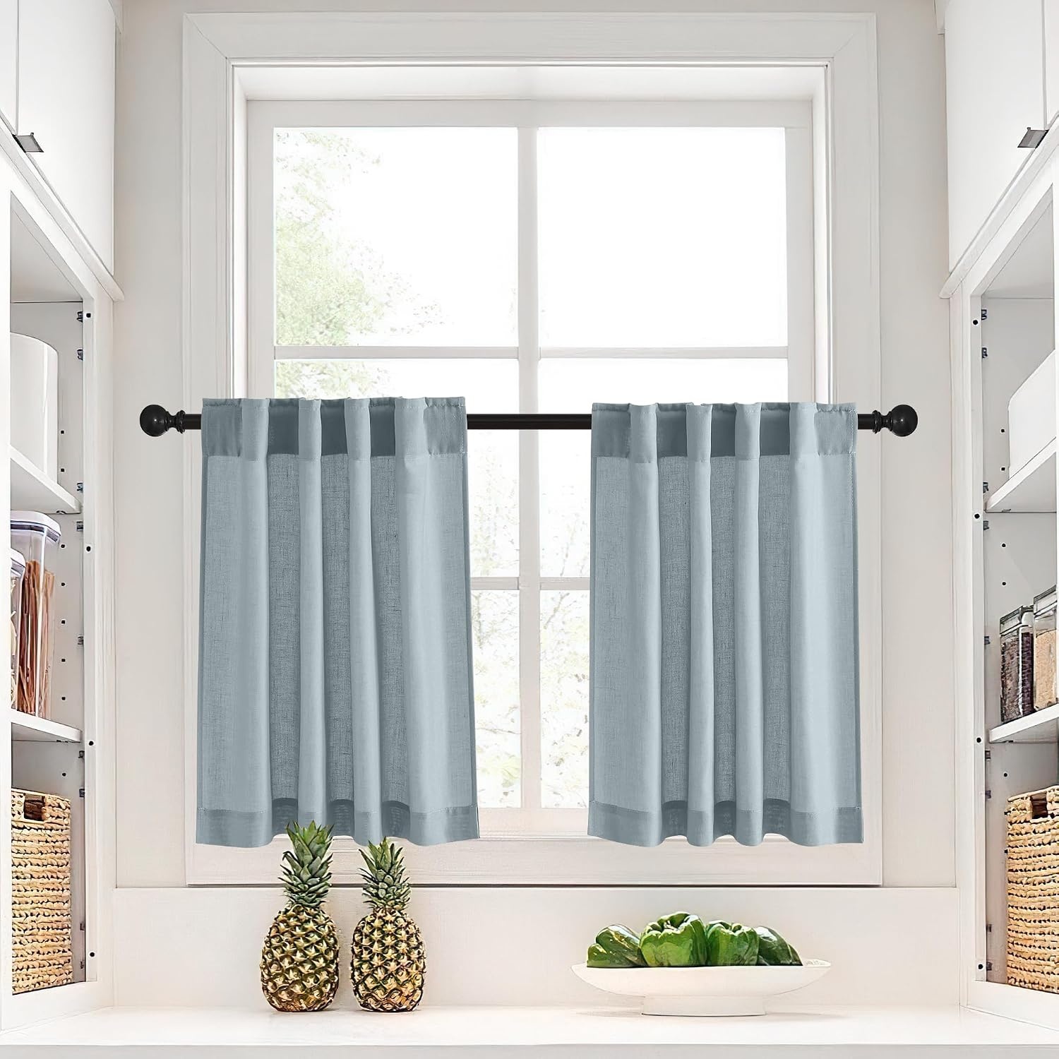 image:imageNICETOWN Kitchen Curtains 24 Inch Linen Textured Tiers Farmhouse CafeStone Blue