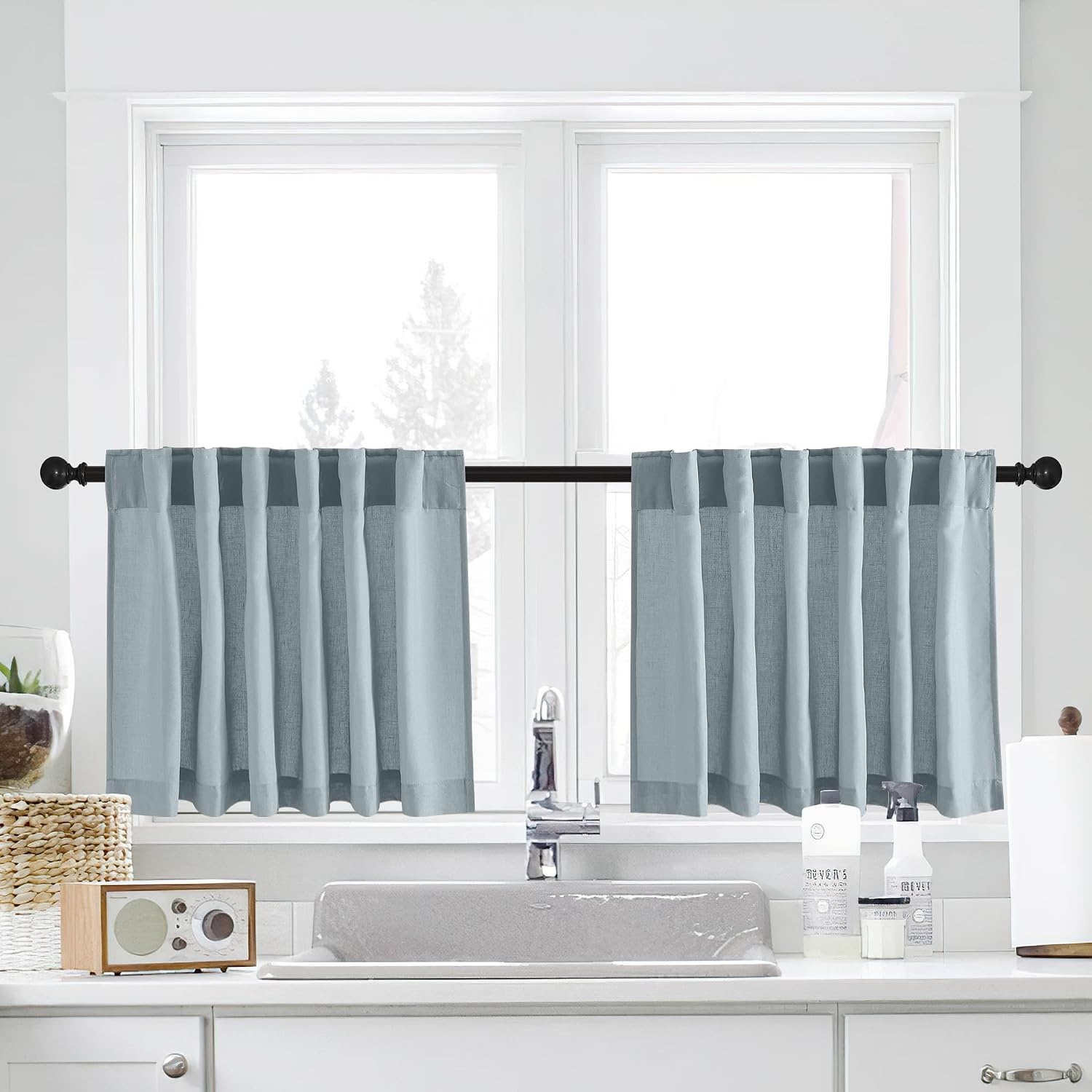 image:imageNICETOWN Kitchen Curtains 24 Inch Linen Textured Tiers Farmhouse CafeStone Blue