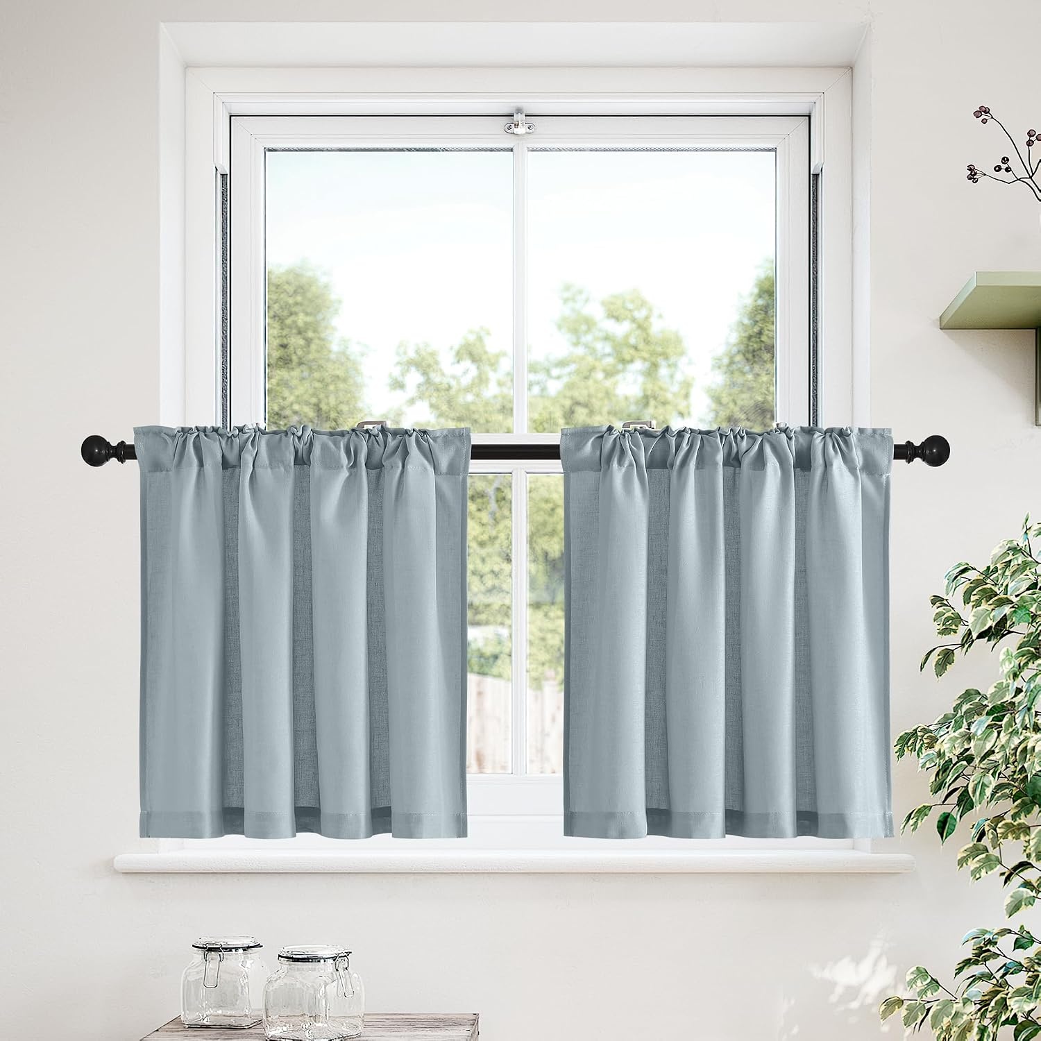 image:imageNICETOWN Kitchen Curtains 24 Inch Linen Textured Tiers Farmhouse CafeStone Blue