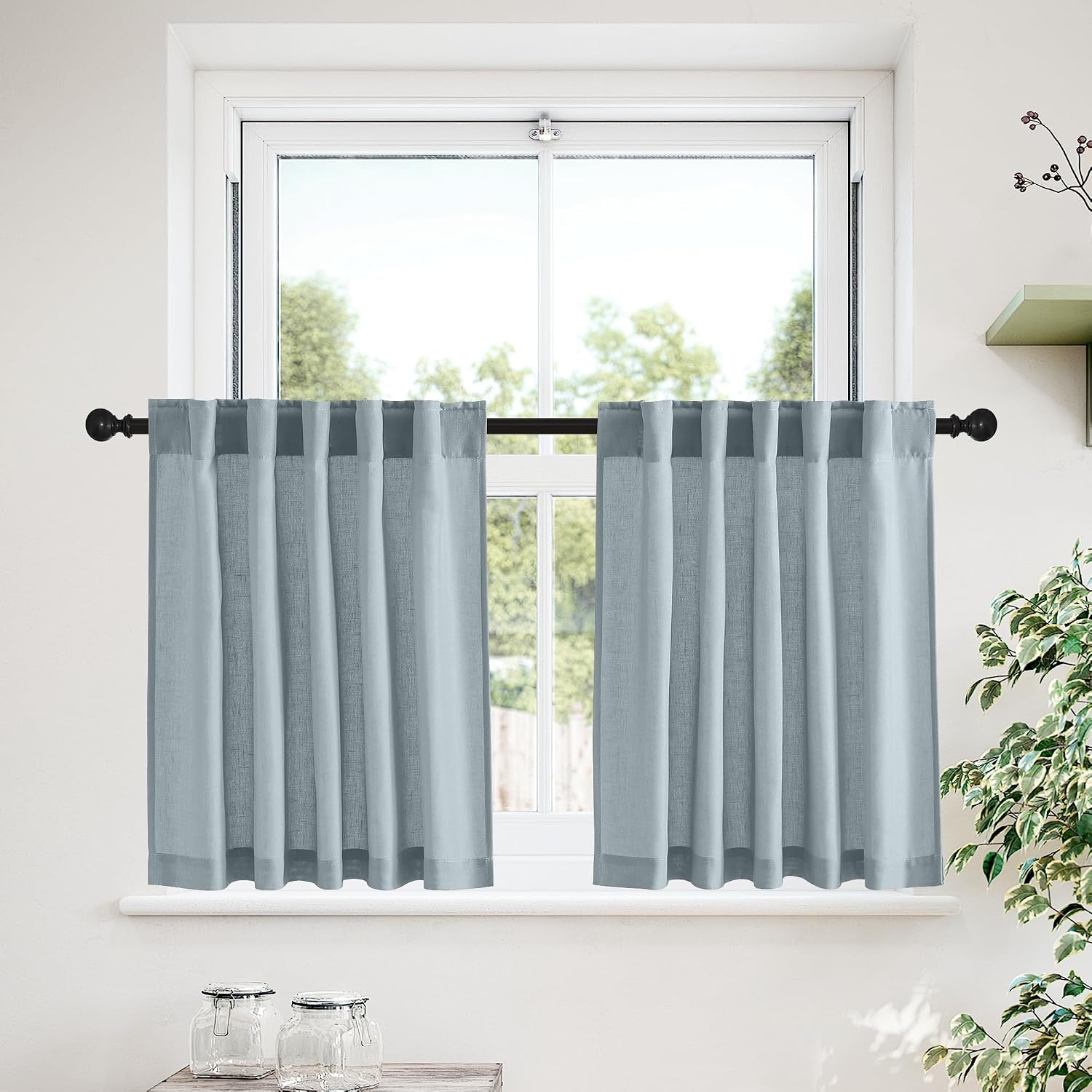 image:imageNICETOWN Kitchen Curtains 24 Inch Linen Textured Tiers Farmhouse CafeStone Blue