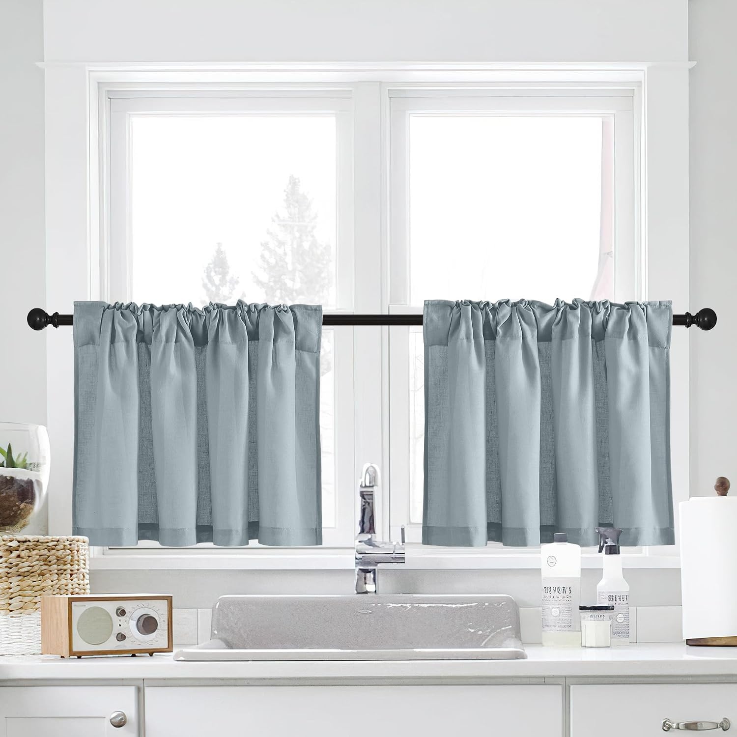 image:imageNICETOWN Kitchen Curtains 24 Inch Linen Textured Tiers Farmhouse CafeStone Blue