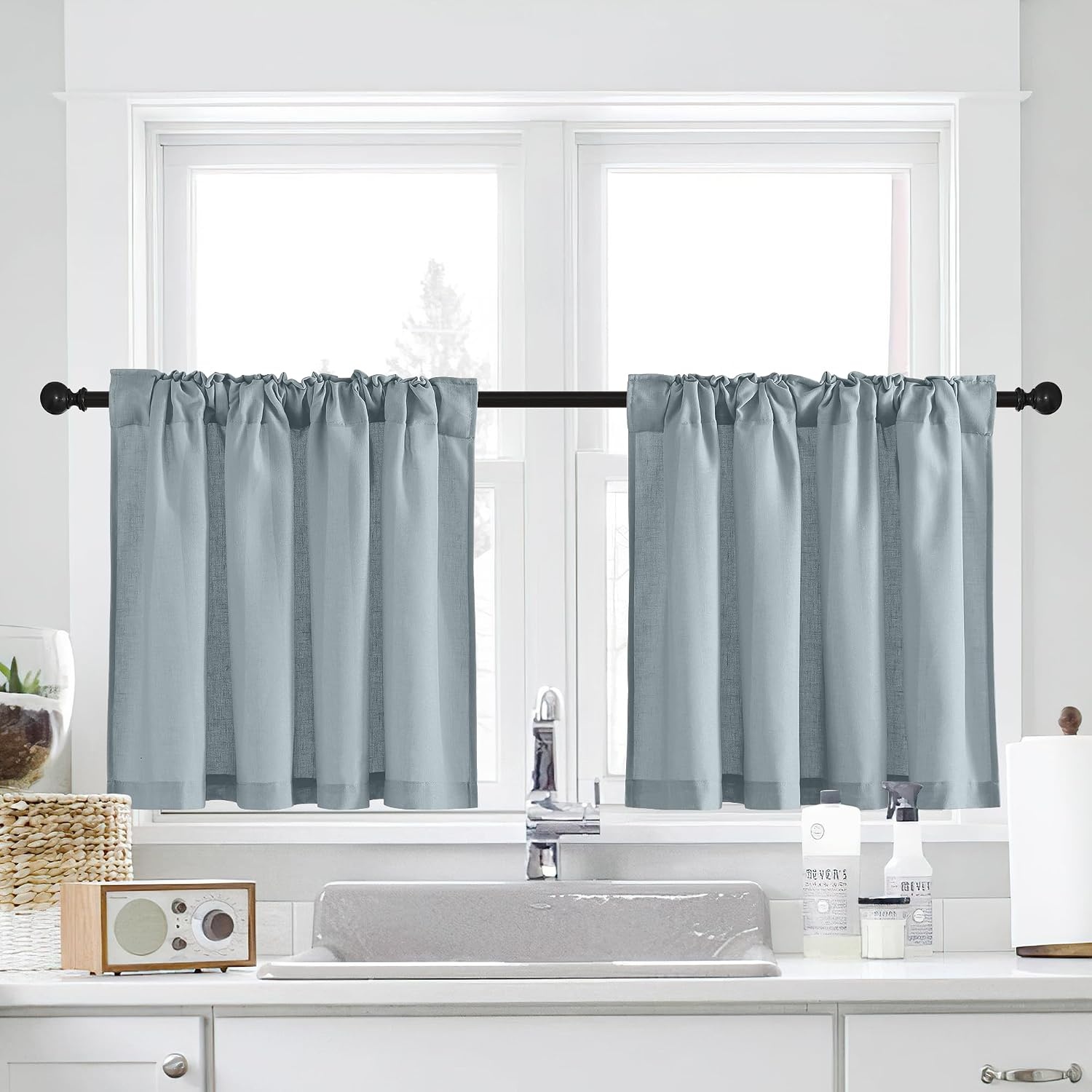 image:imageNICETOWN Kitchen Curtains 24 Inch Linen Textured Tiers Farmhouse CafeStone Blue