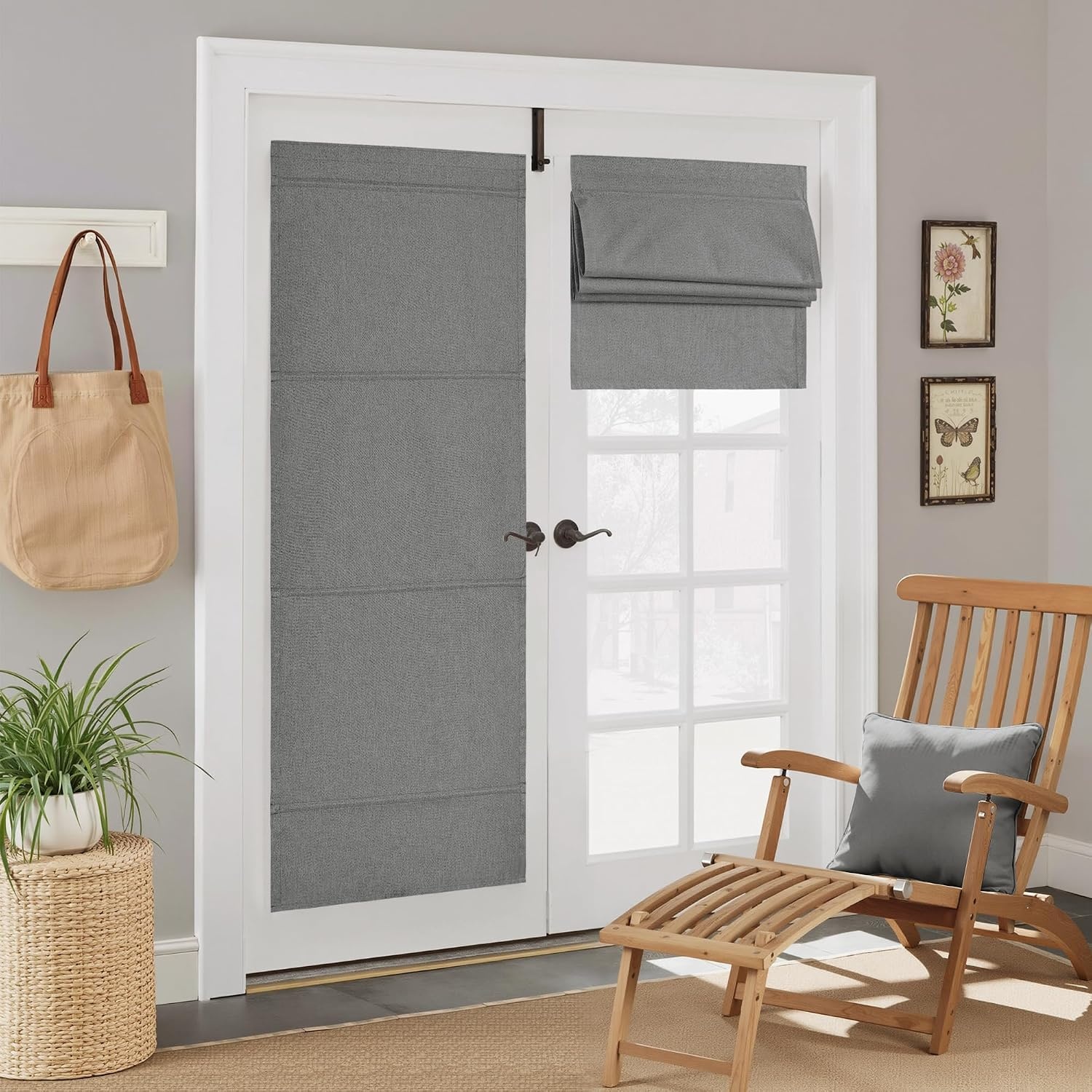 image:imageNICETOWN Linen 100 Blackout Door Curtain No Drill Cordless Thermal Insulated Roman Shade for French Front Door Adhesive Top amp Magnetic Roman Roll Up Privacy Curtain 24 W x 72 L 1 PC Off WhiteLinen Grey