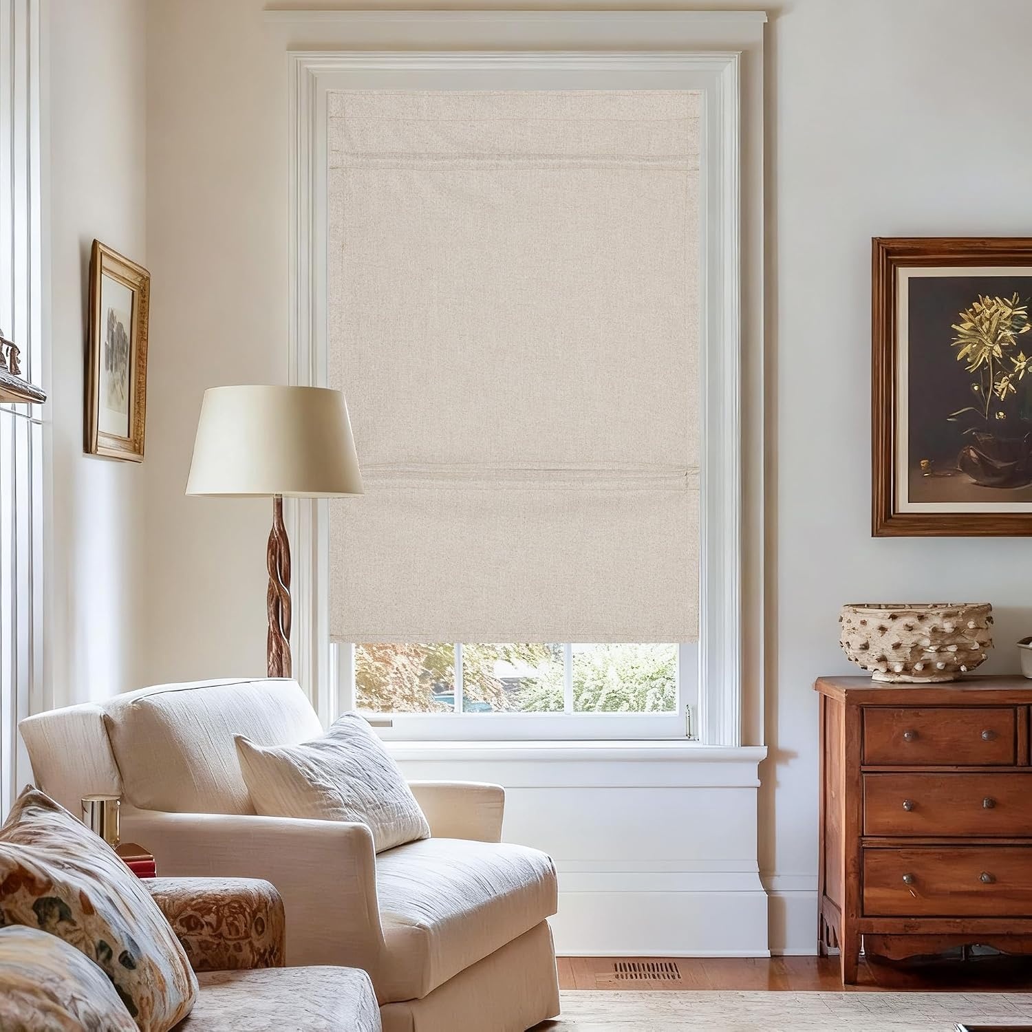 image:imageNICETOWN Linen 100 Blackout Door Curtain No Drill Cordless Thermal Insulated Roman Shade for French Front Door Adhesive Top amp Magnetic Roman Roll Up Privacy Curtain 24 W x 72 L 1 PC Off WhiteNatural