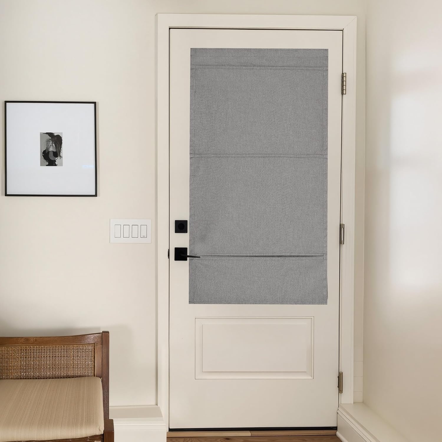 image:imageNICETOWN Linen 100 Blackout Door Curtain No Drill Cordless Thermal Insulated Roman Shade for French Front Door Adhesive Top amp Magnetic Roman Roll Up Privacy Curtain 24 W x 72 L 1 PC Off WhiteLinen Grey