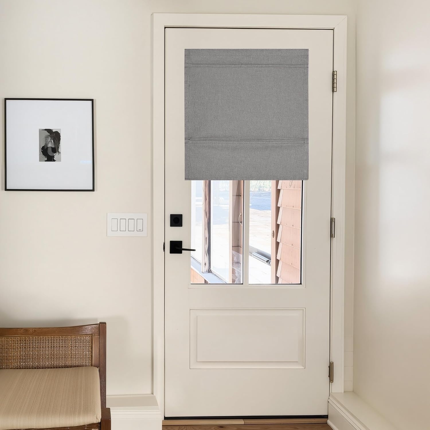 image:imageNICETOWN Linen 100 Blackout Door Curtain No Drill Cordless Thermal Insulated Roman Shade for French Front Door Adhesive Top amp Magnetic Roman Roll Up Privacy Curtain 24 W x 72 L 1 PC Off WhiteLinen Grey