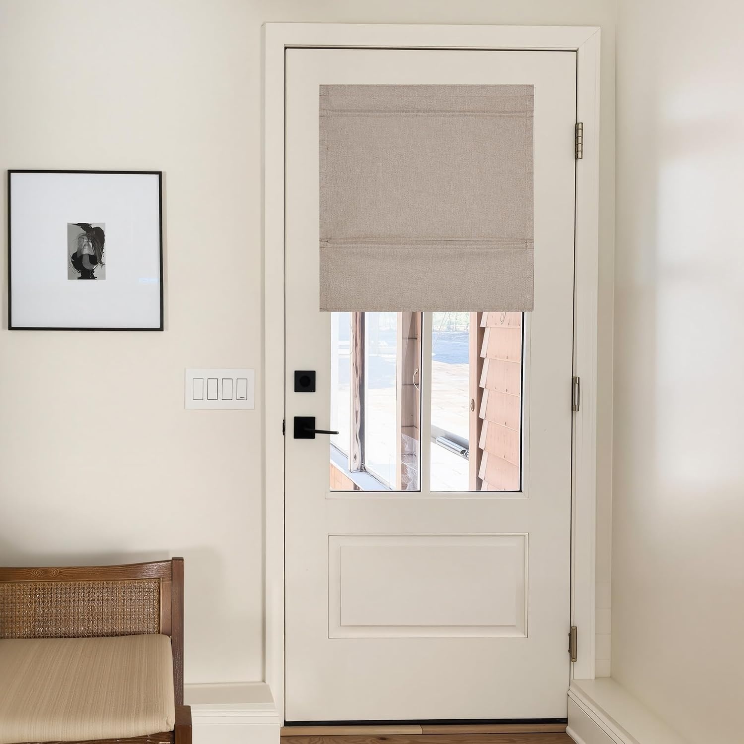 image:imageNICETOWN Linen 100 Blackout Door Curtain No Drill Cordless Thermal Insulated Roman Shade for French Front Door Adhesive Top amp Magnetic Roman Roll Up Privacy Curtain 24 W x 72 L 1 PC Off WhiteTaupe