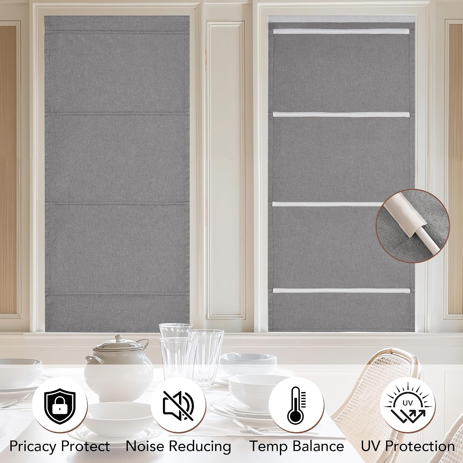 image:imageNICETOWN Linen 100 Blackout Door Curtain No Drill Cordless Thermal Insulated Roman Shade for French Front Door Adhesive Top amp Magnetic Roman Roll Up Privacy Curtain 24 W x 72 L 1 PC Off WhiteLinen Grey
