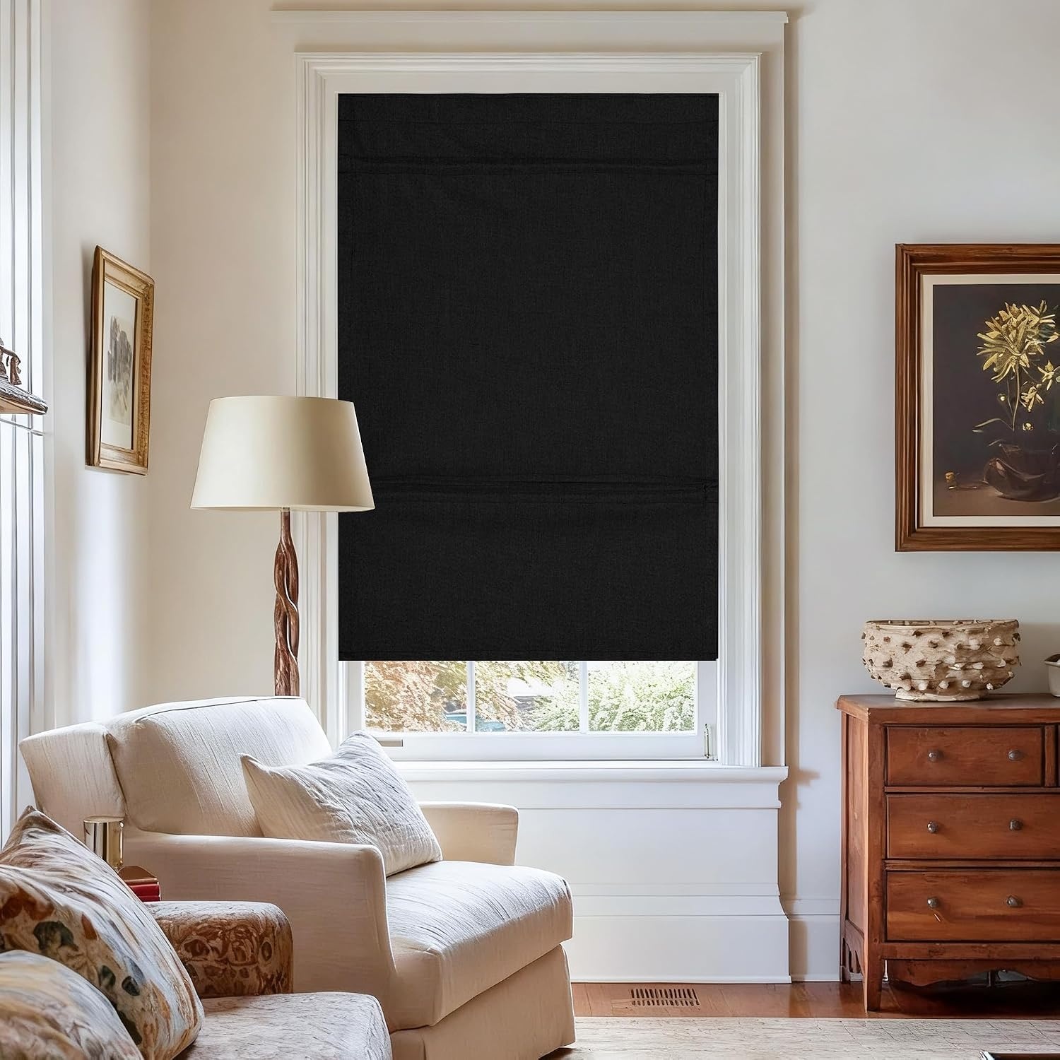 image:imageNICETOWN Linen 100 Blackout Door Curtain No Drill Cordless Thermal Insulated Roman Shade for French Front Door Adhesive Top amp Magnetic Roman Roll Up Privacy Curtain 24 W x 72 L 1 PC Off WhiteLinen Black