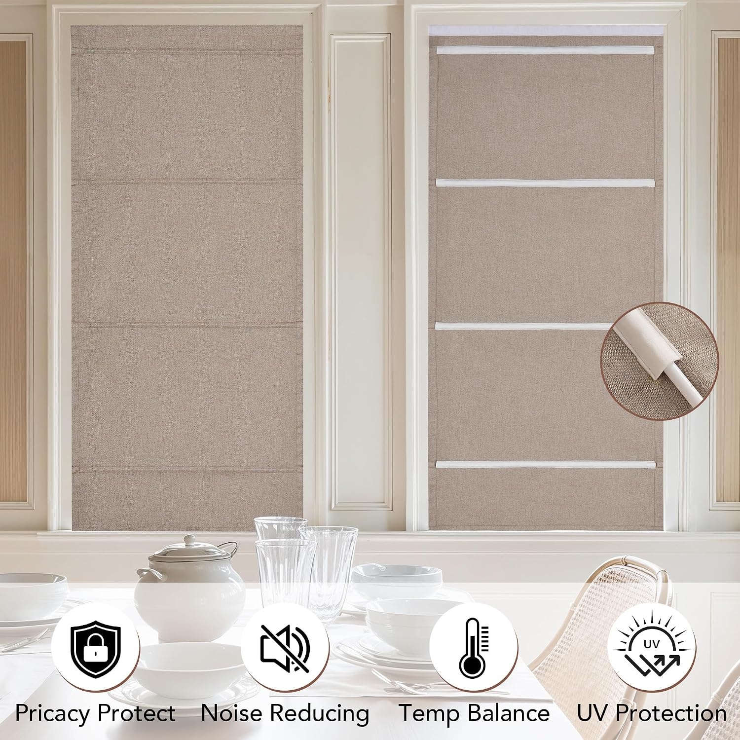 image:imageNICETOWN Linen 100 Blackout Door Curtain No Drill Cordless Thermal Insulated Roman Shade for French Front Door Adhesive Top amp Magnetic Roman Roll Up Privacy Curtain 24 W x 72 L 1 PC Off WhiteTaupe