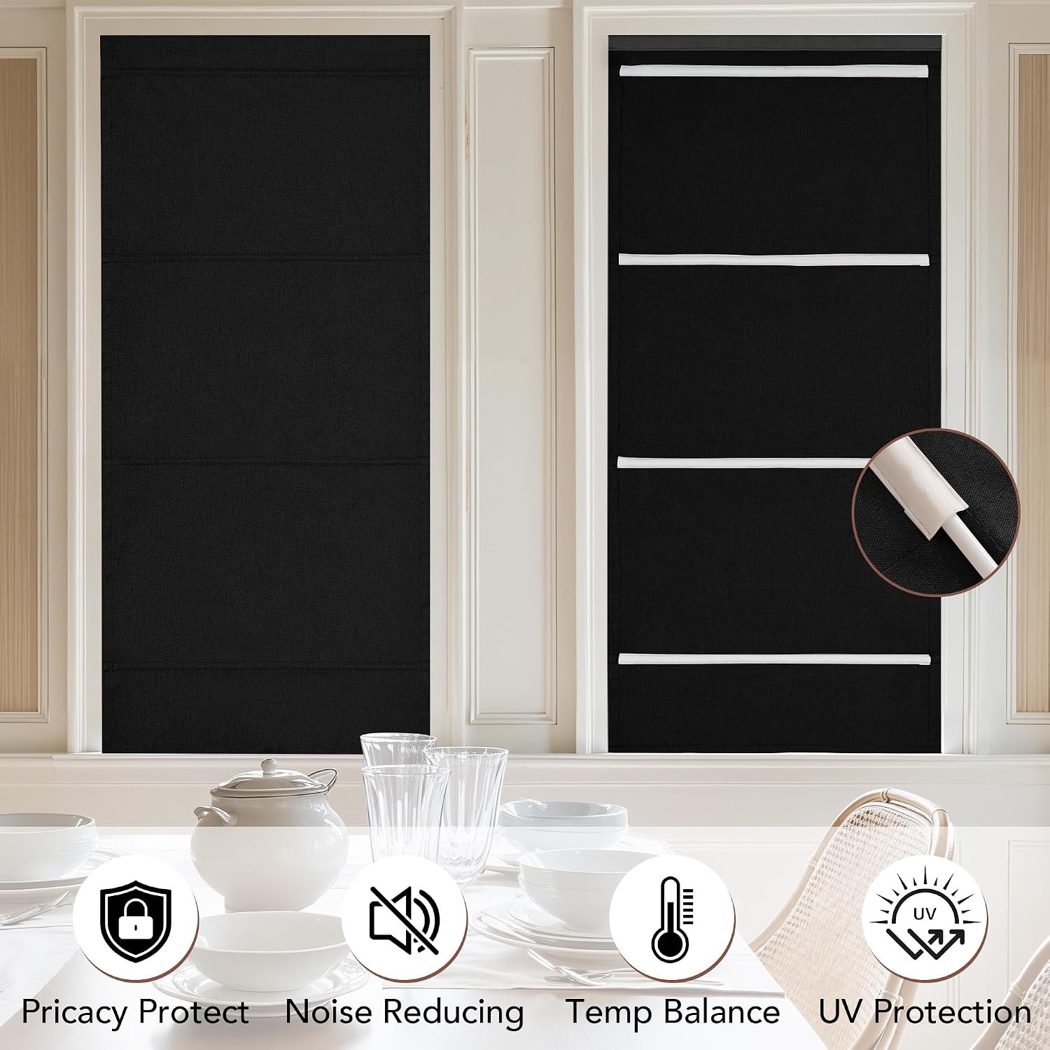 image:imageNICETOWN Linen 100 Blackout Door Curtain No Drill Cordless Thermal Insulated Roman Shade for French Front Door Adhesive Top amp Magnetic Roman Roll Up Privacy Curtain 24 W x 72 L 1 PC Off WhiteLinen Black
