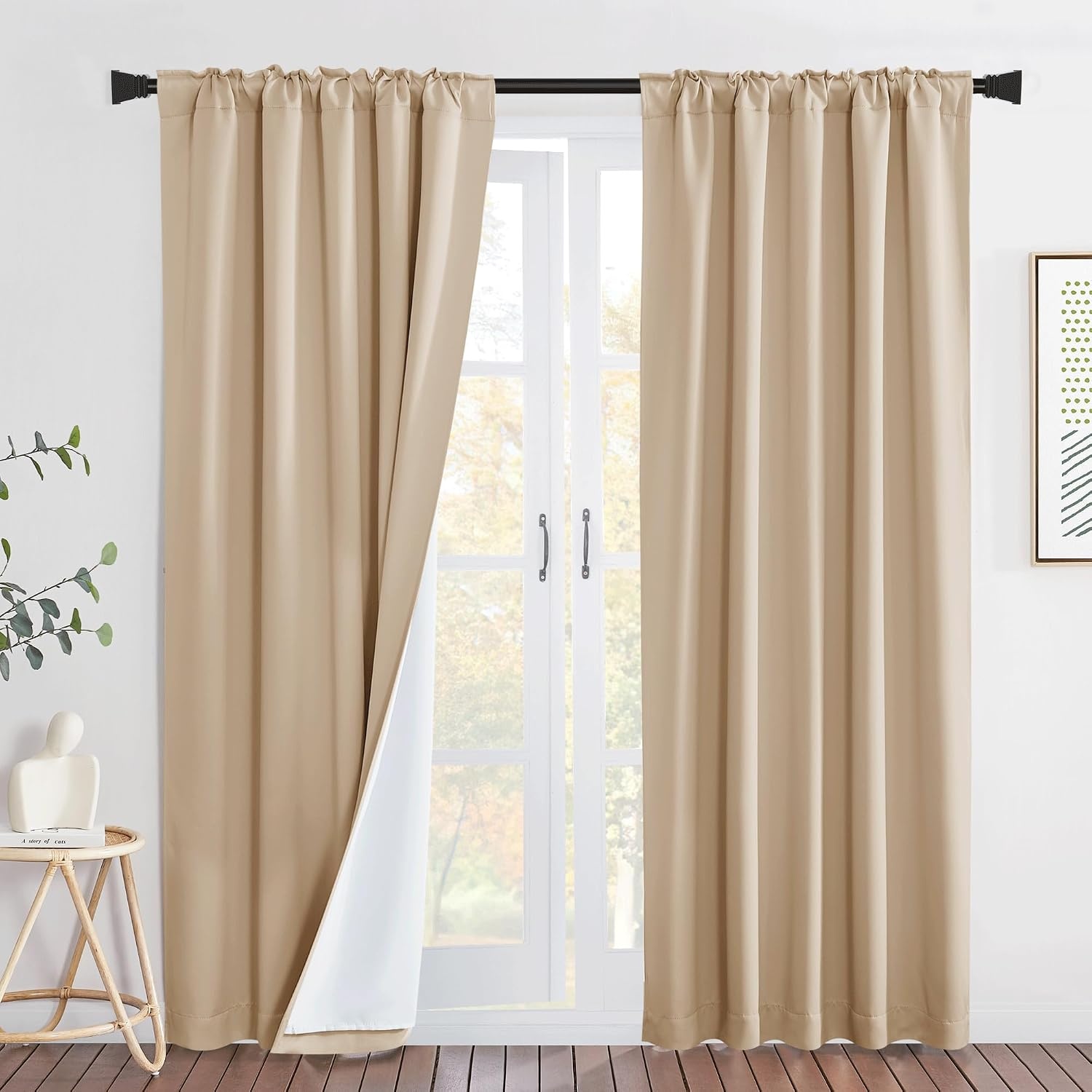 image:imageNICETOWN Living Room Noise Reducing Natural Faux Linen Curtains Privacy Protection amp Completely Shaded Lower PM25 Particles Drapes Lined Insulated Window Treatment Panels 2 Pieces W52 x L84Biscotti Beige Back Tab
