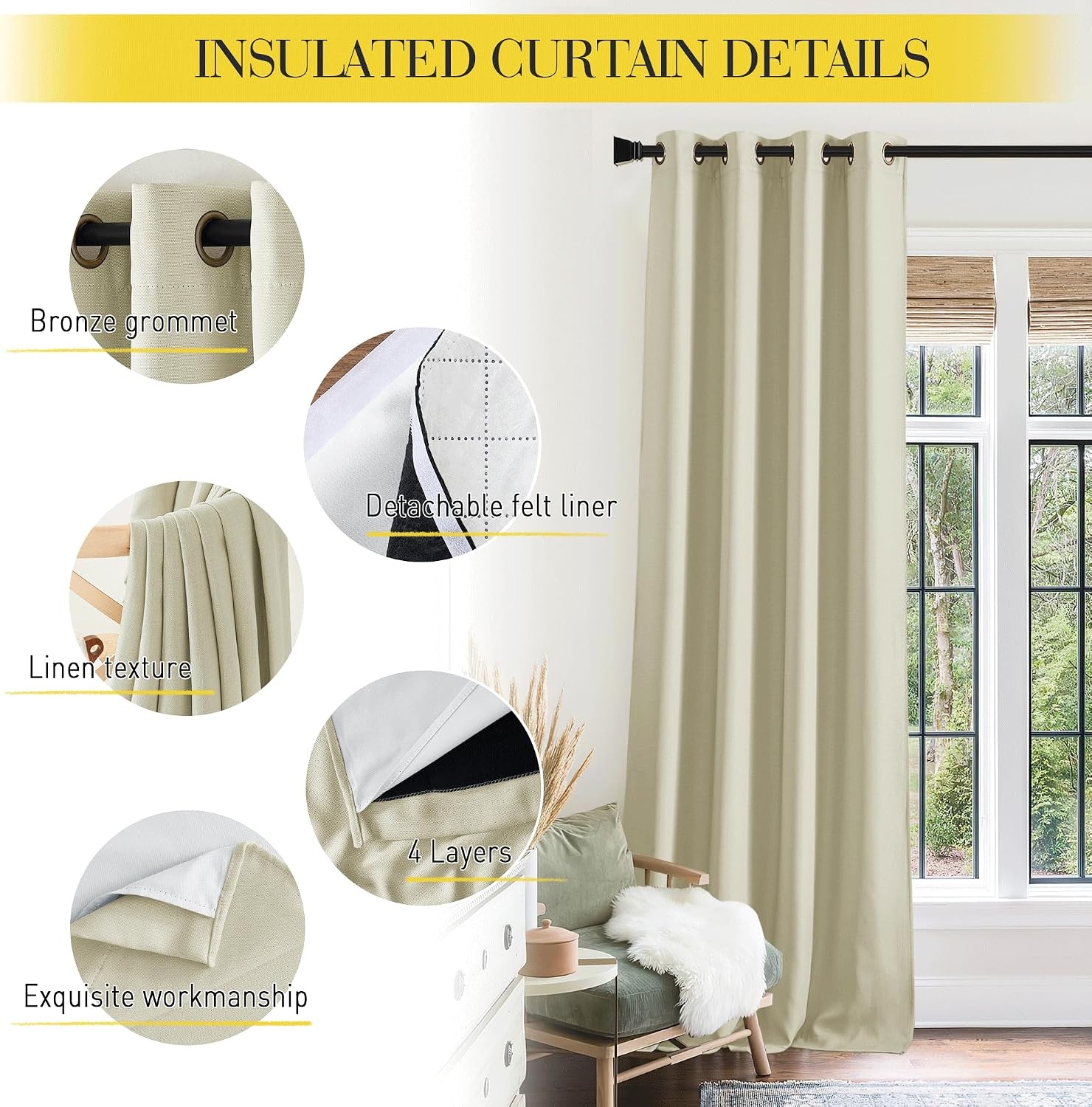 image:imageNICETOWN Living Room Noise Reducing Natural Faux Linen Curtains Privacy Protection amp Completely Shaded Lower PM25 Particles Drapes Lined Insulated Window Treatment Panels 2 Pieces W52 x L84Dust Filter Grommet Beige Linen
