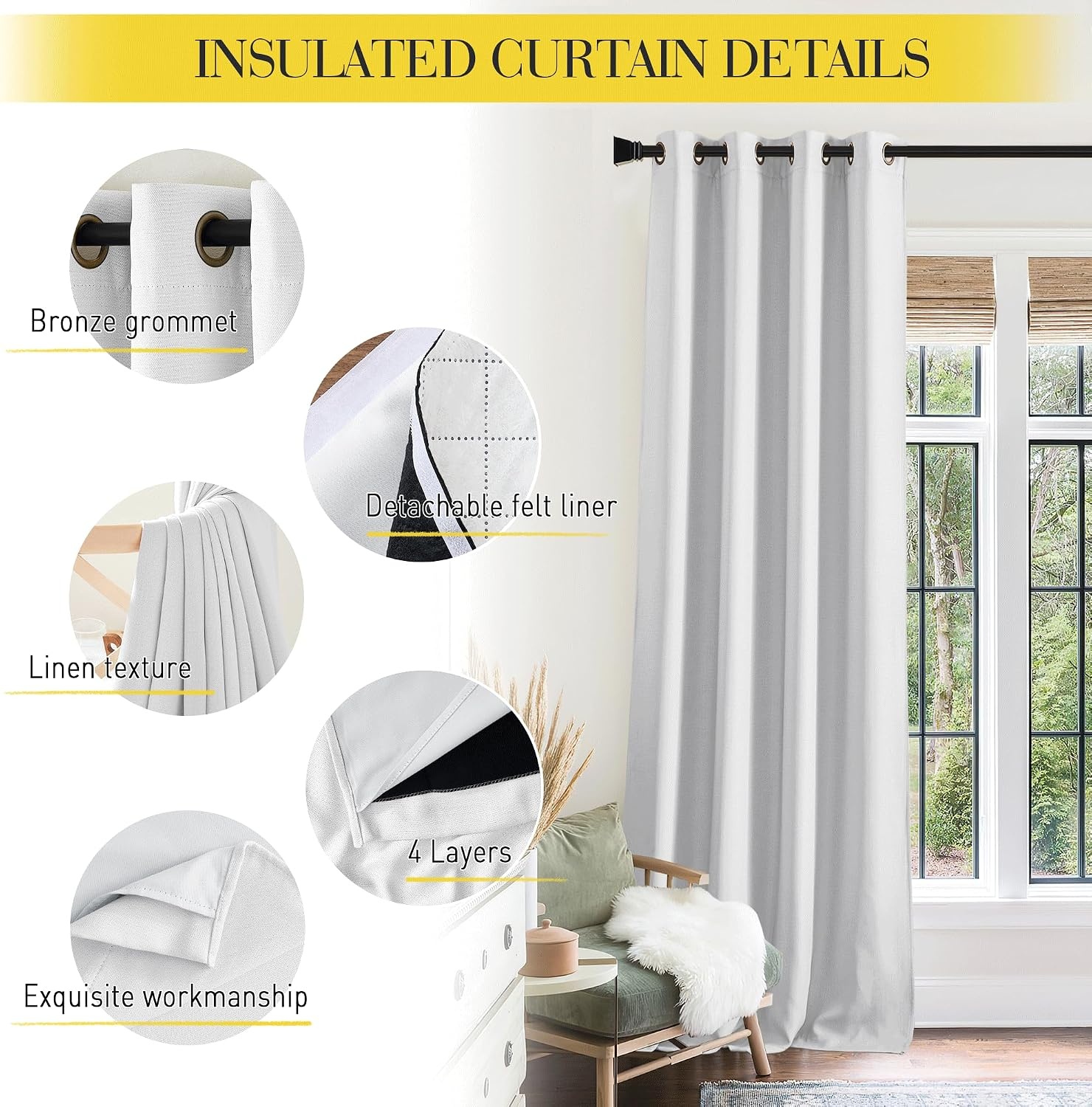 image:imageNICETOWN Living Room Noise Reducing Natural Faux Linen Curtains Privacy Protection amp Completely Shaded Lower PM25 Particles Drapes Lined Insulated Window Treatment Panels 2 Pieces W52 x L84Natural