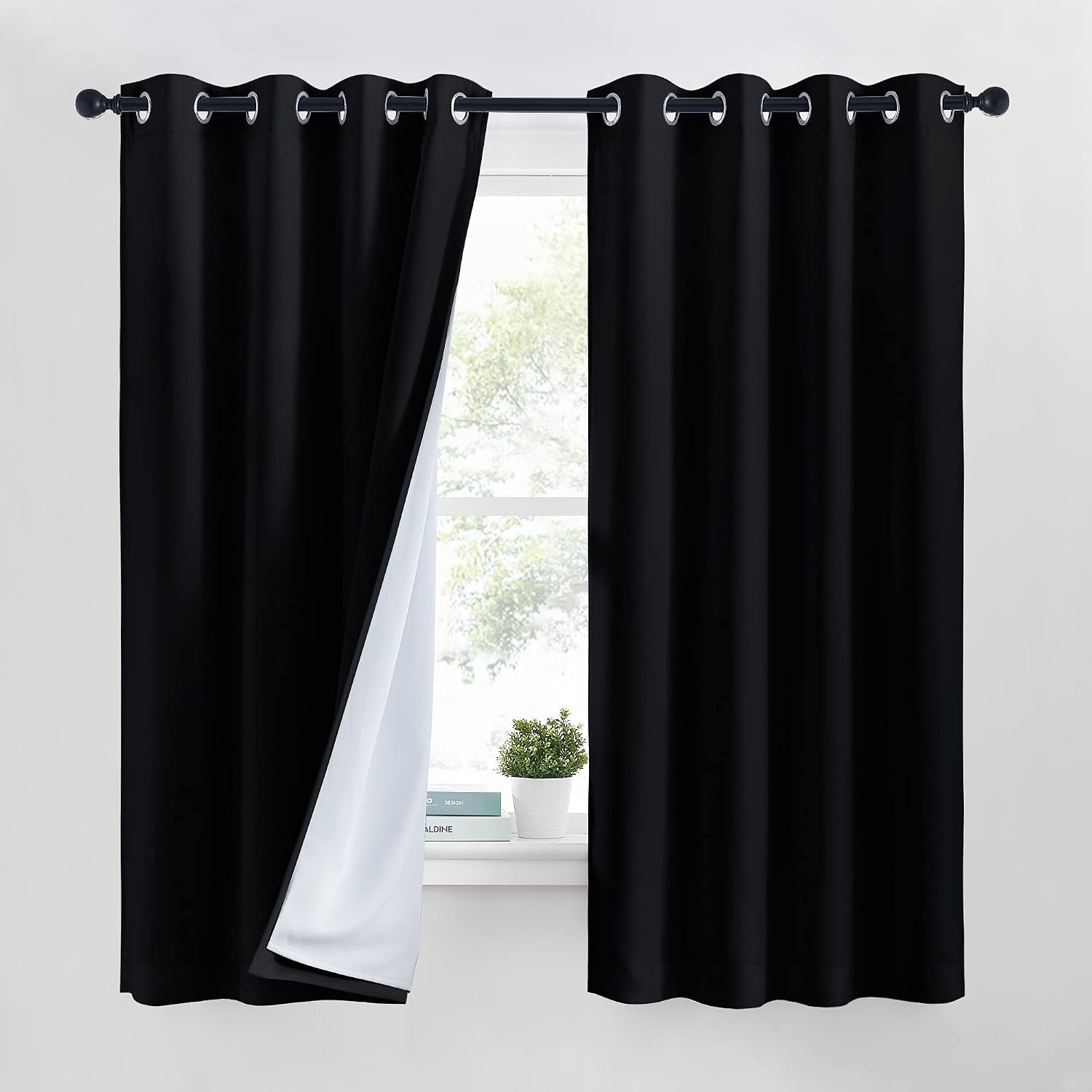 image:imageNICETOWN Living Room Noise Reducing Natural Faux Linen Curtains Privacy Protection amp Completely Shaded Lower PM25 Particles Drapes Lined Insulated Window Treatment Panels 2 Pieces W52 x L84Dust Filter Grommet Black