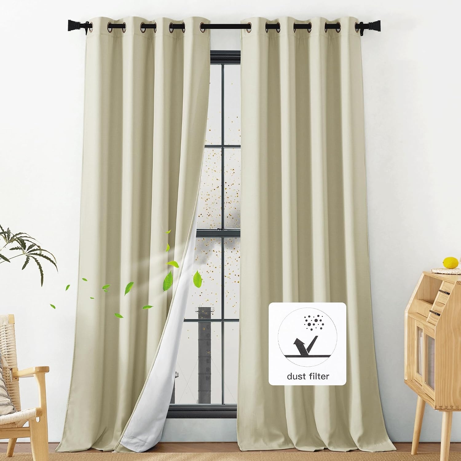 image:imageNICETOWN Living Room Noise Reducing Natural Faux Linen Curtains Privacy Protection amp Completely Shaded Lower PM25 Particles Drapes Lined Insulated Window Treatment Panels 2 Pieces W52 x L84Dust Filter Grommet Beige Linen