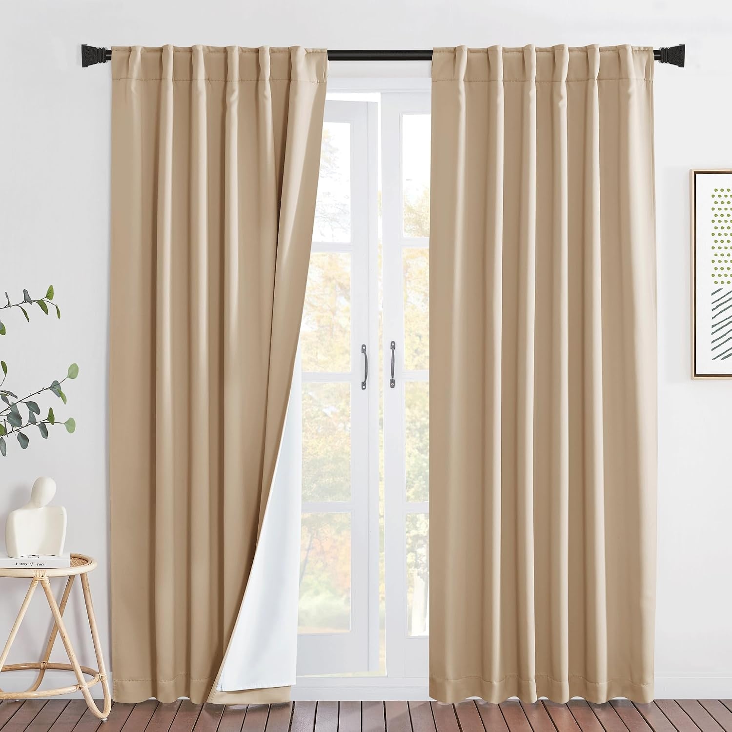 image:imageNICETOWN Living Room Noise Reducing Natural Faux Linen Curtains Privacy Protection amp Completely Shaded Lower PM25 Particles Drapes Lined Insulated Window Treatment Panels 2 Pieces W52 x L84Biscotti Beige Back Tab