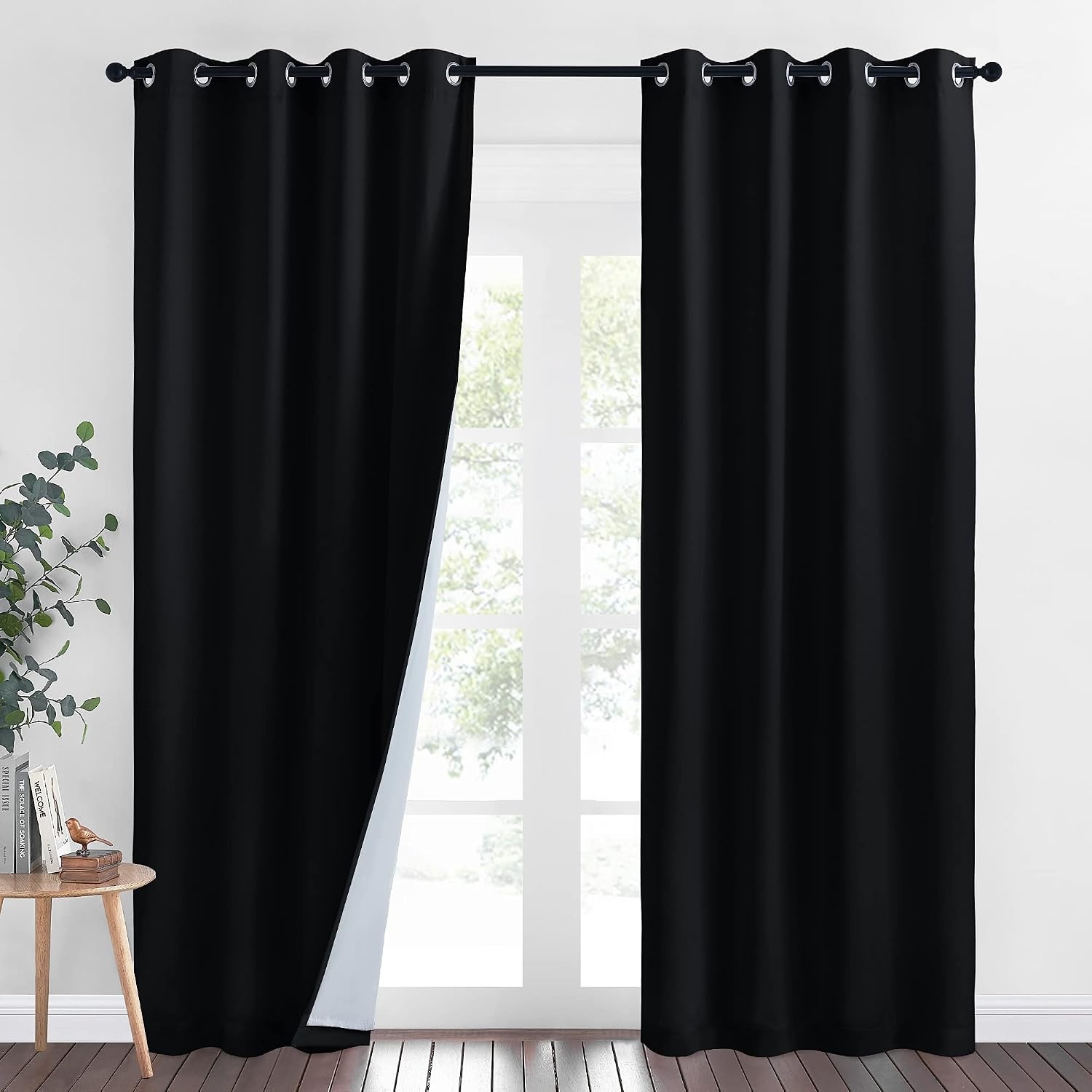 image:imageNICETOWN Living Room Noise Reducing Natural Faux Linen Curtains Privacy Protection amp Completely Shaded Lower PM25 Particles Drapes Lined Insulated Window Treatment Panels 2 Pieces W52 x L84Dust Filter Grommet Black