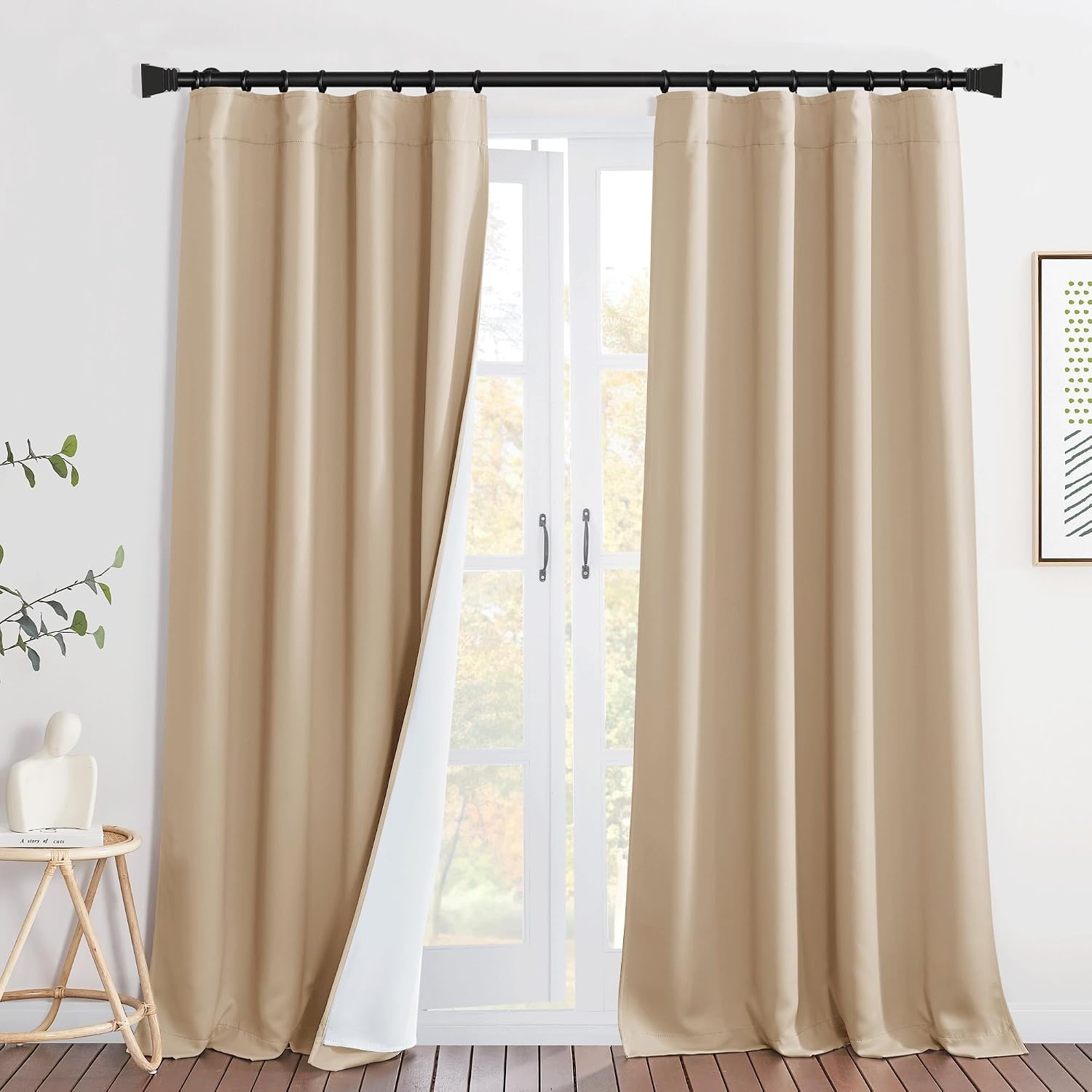image:imageNICETOWN Living Room Noise Reducing Natural Faux Linen Curtains Privacy Protection amp Completely Shaded Lower PM25 Particles Drapes Lined Insulated Window Treatment Panels 2 Pieces W52 x L84Biscotti Beige Back Tab