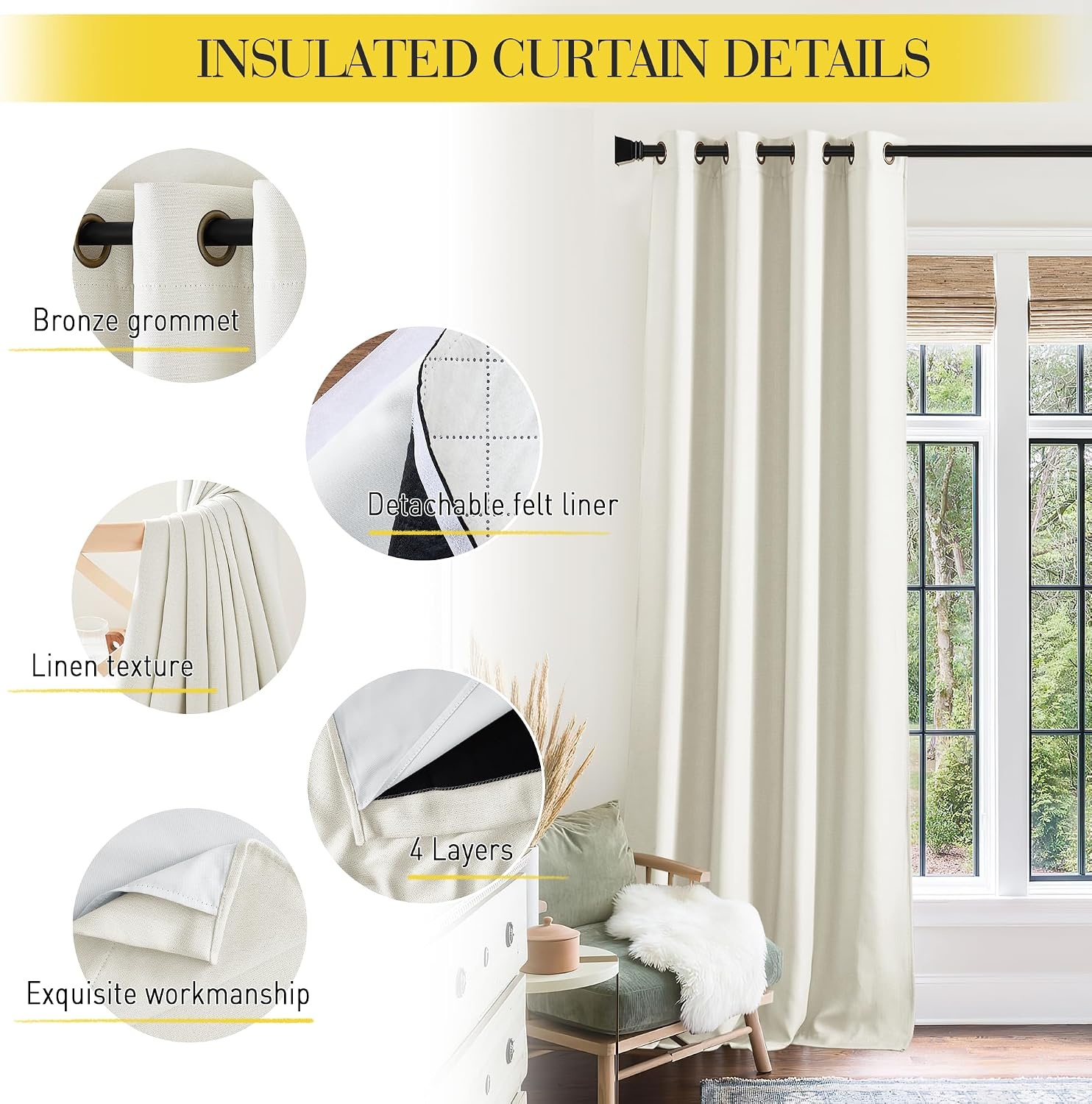 image:imageNICETOWN Living Room Noise Reducing Natural Faux Linen Curtains Privacy Protection amp Completely Shaded Lower PM25 Particles Drapes Lined Insulated Window Treatment Panels 2 Pieces W52 x L84Dust Filter Grommet Greyish White Linen