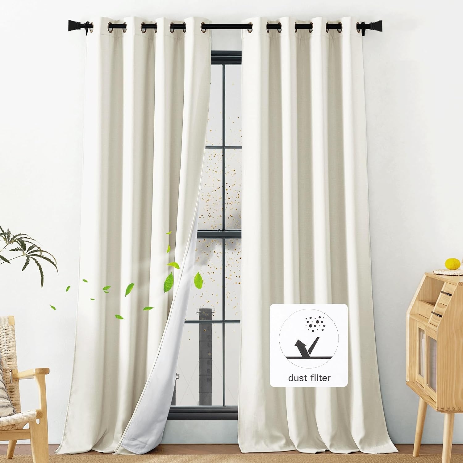 image:imageNICETOWN Living Room Noise Reducing Natural Faux Linen Curtains Privacy Protection amp Completely Shaded Lower PM25 Particles Drapes Lined Insulated Window Treatment Panels 2 Pieces W52 x L84Dust Filter Grommet Greyish White Linen