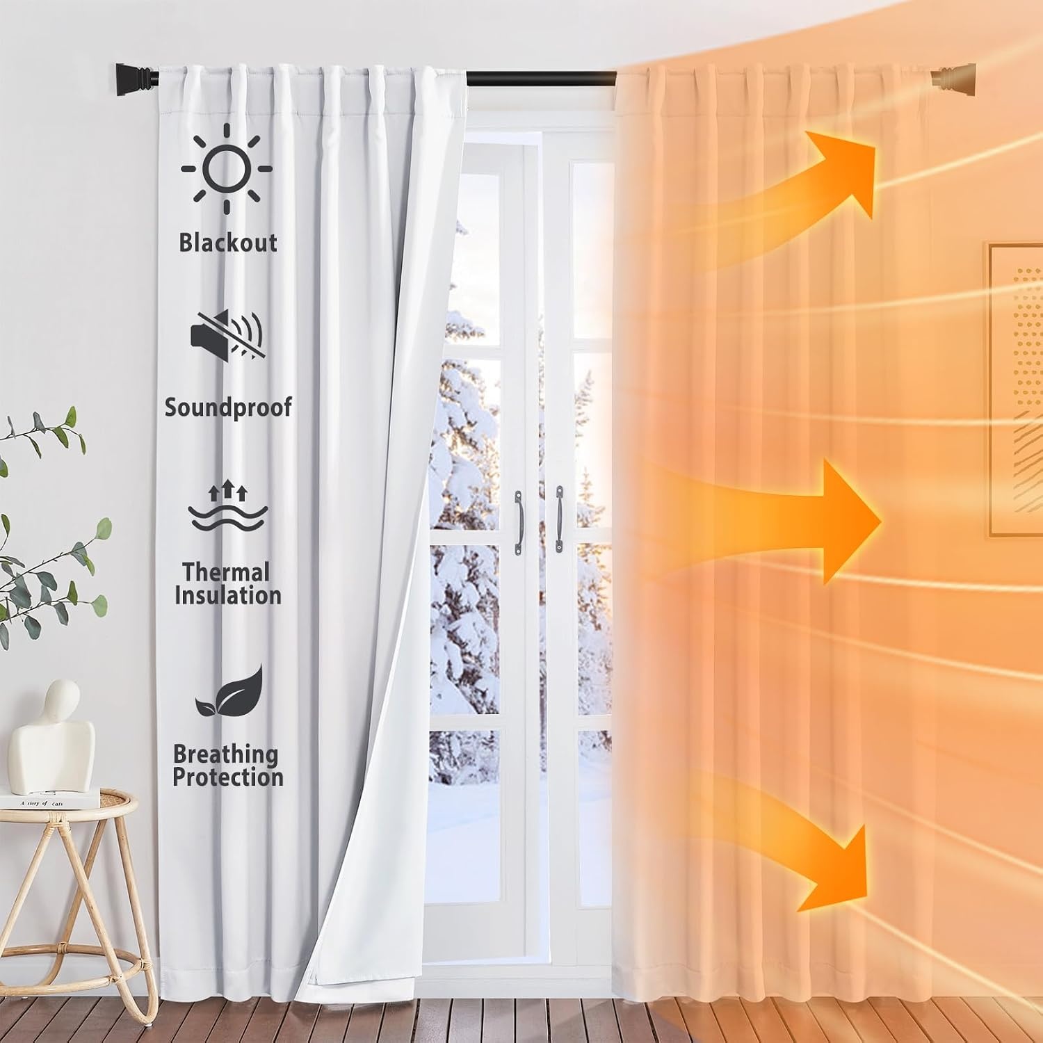 image:imageNICETOWN Living Room Noise Reducing Natural Faux Linen Curtains Privacy Protection amp Completely Shaded Lower PM25 Particles Drapes Lined Insulated Window Treatment Panels 2 Pieces W52 x L84Dust Filter Back Tab Pure White