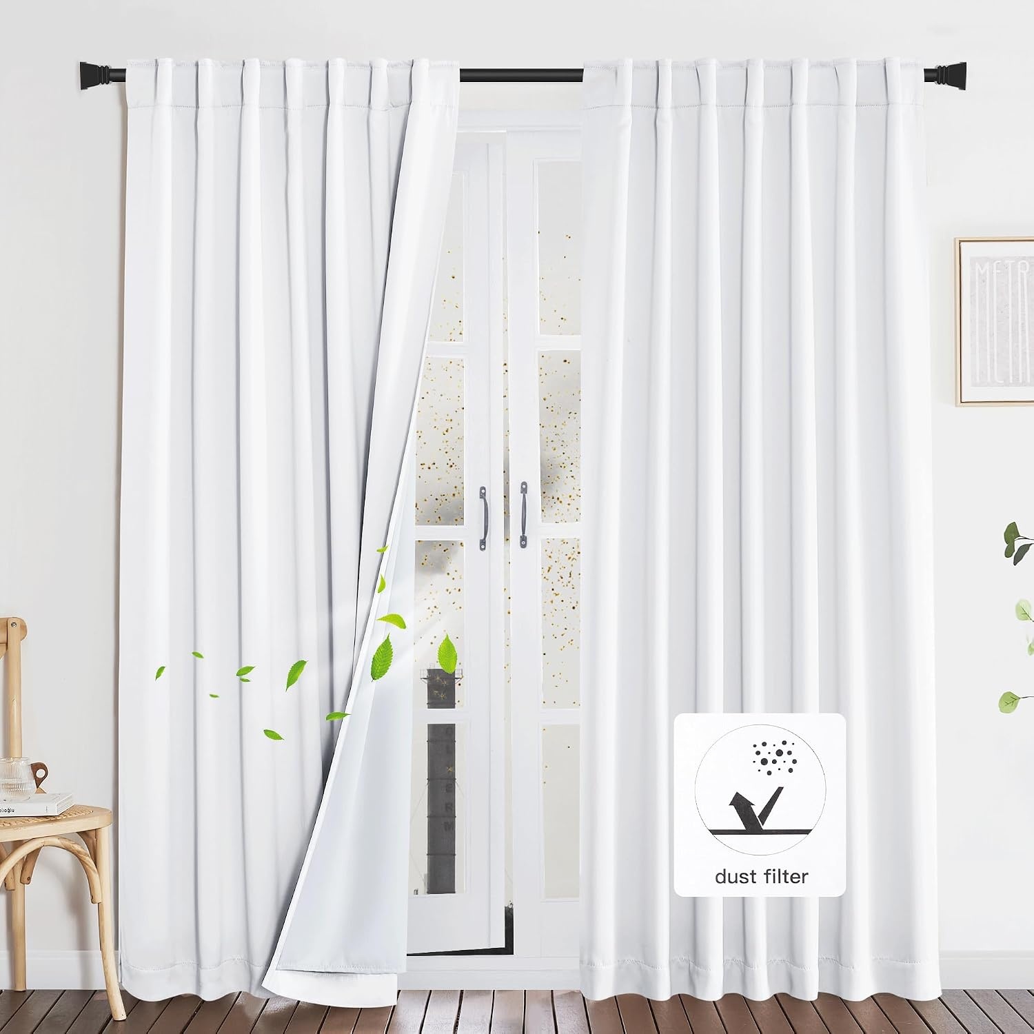 image:imageNICETOWN Living Room Noise Reducing Natural Faux Linen Curtains Privacy Protection amp Completely Shaded Lower PM25 Particles Drapes Lined Insulated Window Treatment Panels 2 Pieces W52 x L84Dust Filter Back Tab Pure White
