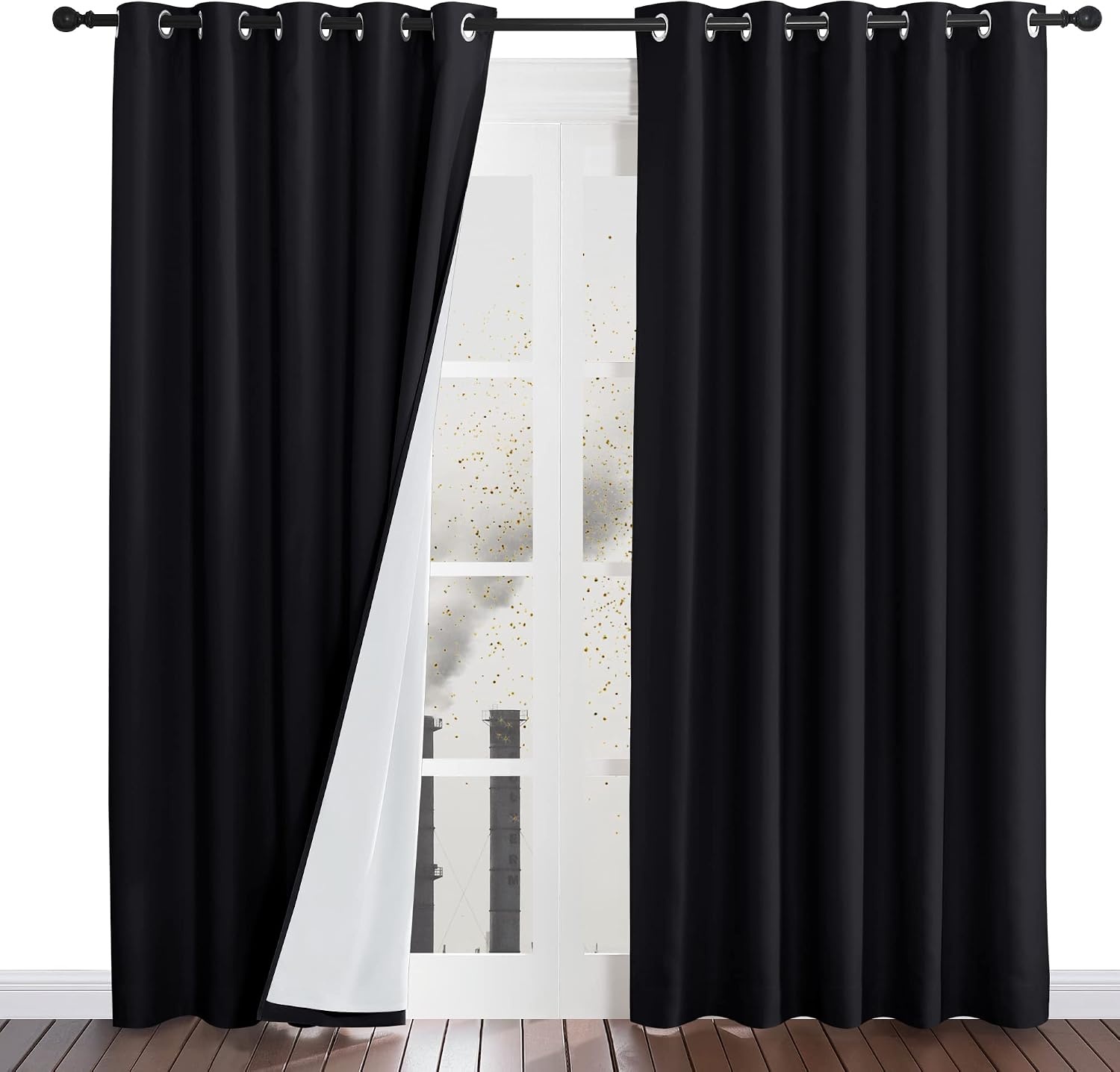 image:imageNICETOWN Living Room Noise Reducing Natural Faux Linen Curtains Privacy Protection amp Completely Shaded Lower PM25 Particles Drapes Lined Insulated Window Treatment Panels 2 Pieces W52 x L84Dust Filter Grommet Black