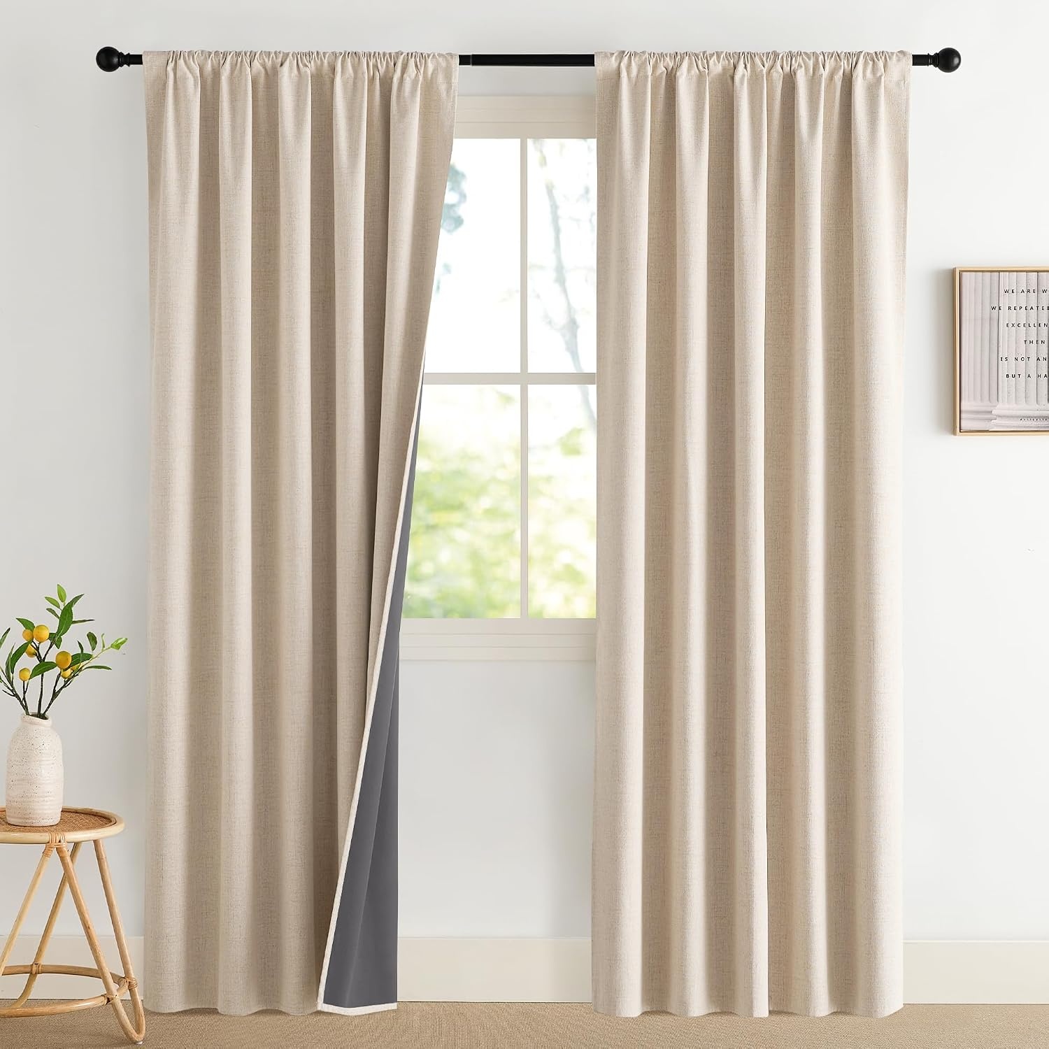 image:imageNICETOWN Natural Faux Linen 100 Blackout Curtains 2 Panels Set 52 x 72 Inch Rod Pocket Thermal Insulated Room Darkening Drapes for Bedroom Nursery Modern Farmhouse Decor Noise ReducingBeige