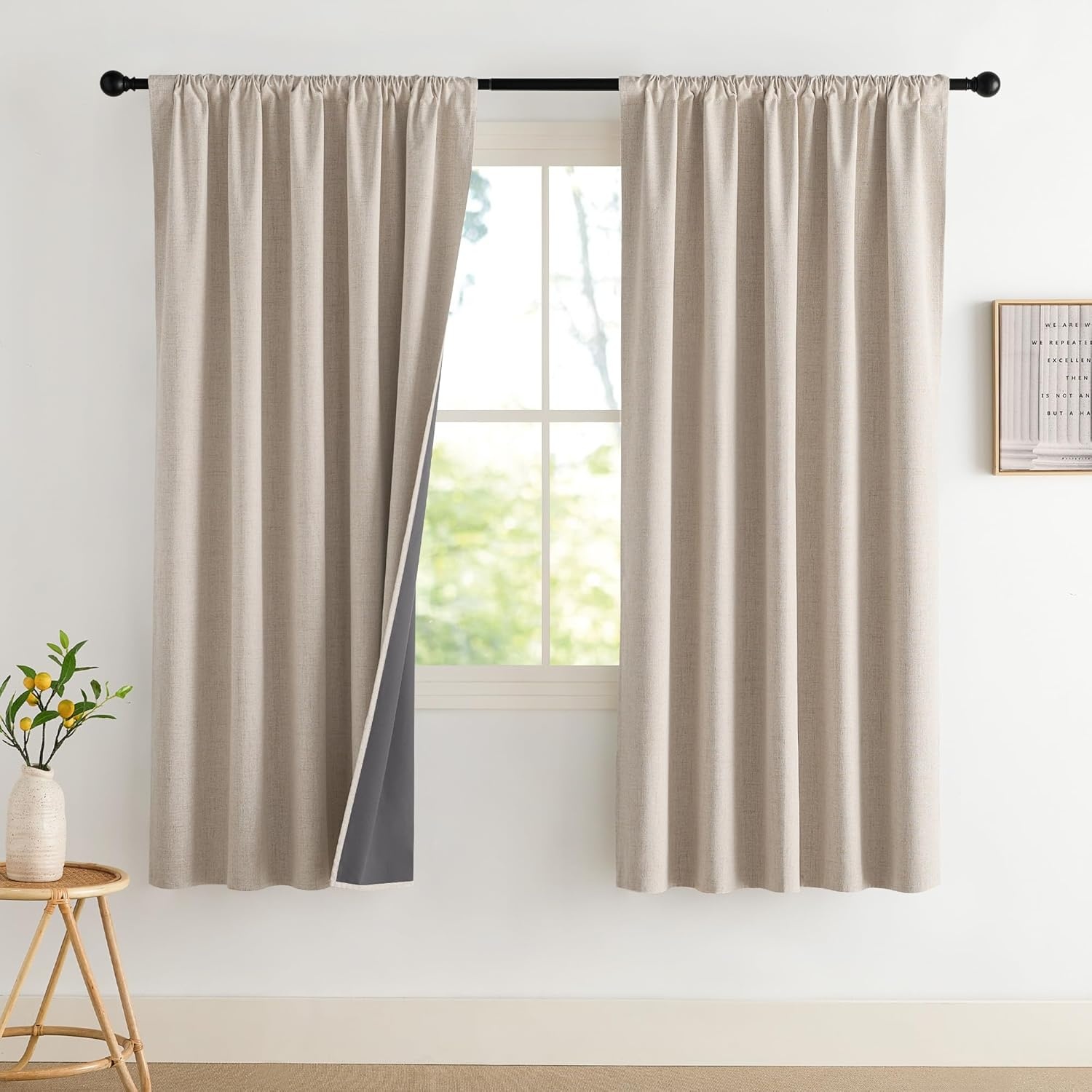 image:imageNICETOWN Natural Faux Linen 100 Blackout Curtains 2 Panels Set 52 x 72 Inch Rod Pocket Thermal Insulated Room Darkening Drapes for Bedroom Nursery Modern Farmhouse Decor Noise ReducingNatural