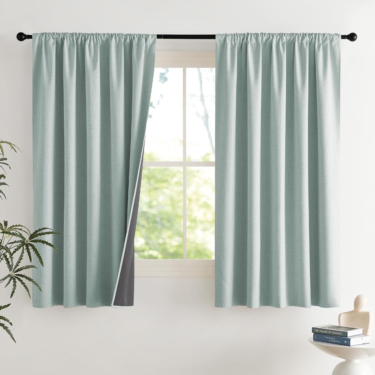 image:imageNICETOWN Natural Faux Linen 100 Blackout Curtains 2 Panels Set 52 x 72 Inch Rod Pocket Thermal Insulated Room Darkening Drapes for Bedroom Nursery Modern Farmhouse Decor Noise ReducingSeafoam Green