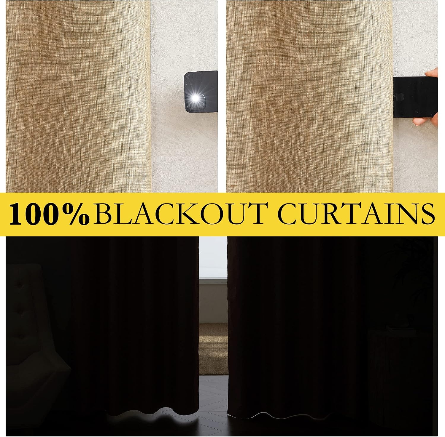 image:imageNICETOWN Natural Faux Linen 100 Blackout Curtains 2 Panels Set 52 x 72 Inch Rod Pocket Thermal Insulated Room Darkening Drapes for Bedroom Nursery Modern Farmhouse Decor Noise ReducingCamel
