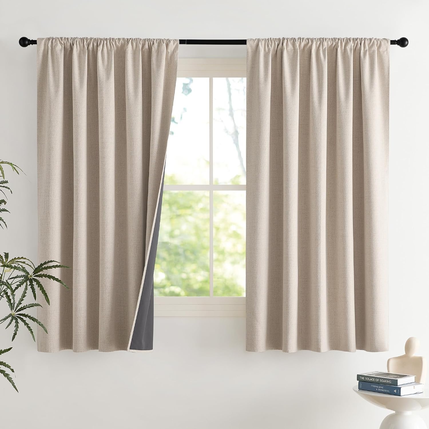 image:imageNICETOWN Natural Faux Linen 100 Blackout Curtains 2 Panels Set 52 x 72 Inch Rod Pocket Thermal Insulated Room Darkening Drapes for Bedroom Nursery Modern Farmhouse Decor Noise ReducingNatural