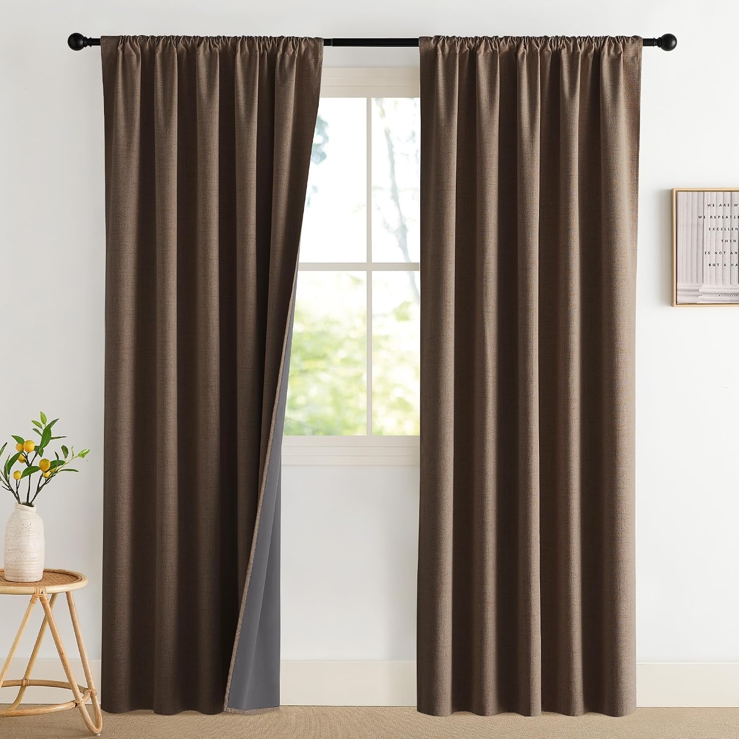 image:imageNICETOWN Natural Faux Linen 100 Blackout Curtains 2 Panels Set 52 x 72 Inch Rod Pocket Thermal Insulated Room Darkening Drapes for Bedroom Nursery Modern Farmhouse Decor Noise ReducingBrown