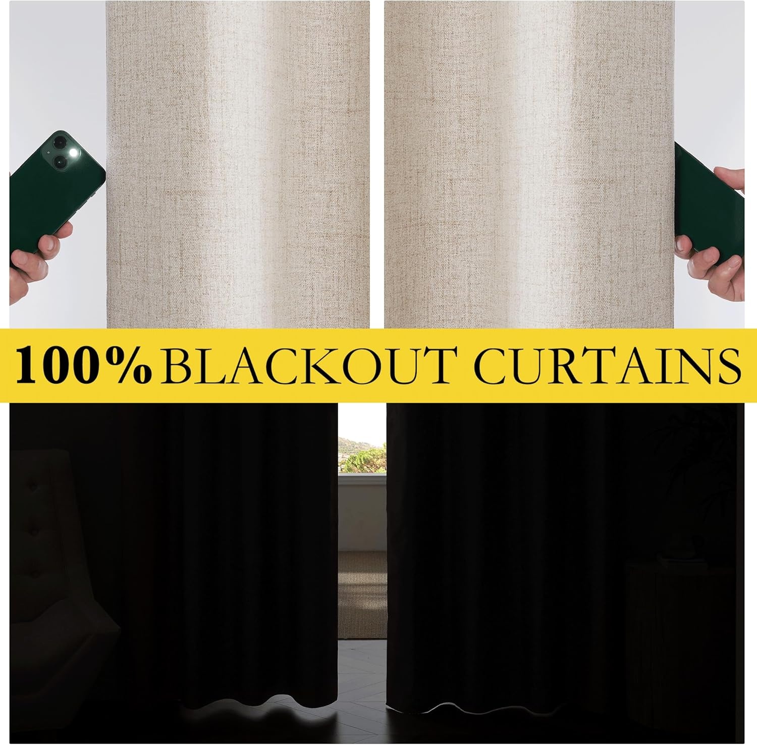 image:imageNICETOWN Natural Faux Linen 100 Blackout Curtains 2 Panels Set 52 x 72 Inch Rod Pocket Thermal Insulated Room Darkening Drapes for Bedroom Nursery Modern Farmhouse Decor Noise ReducingNatural