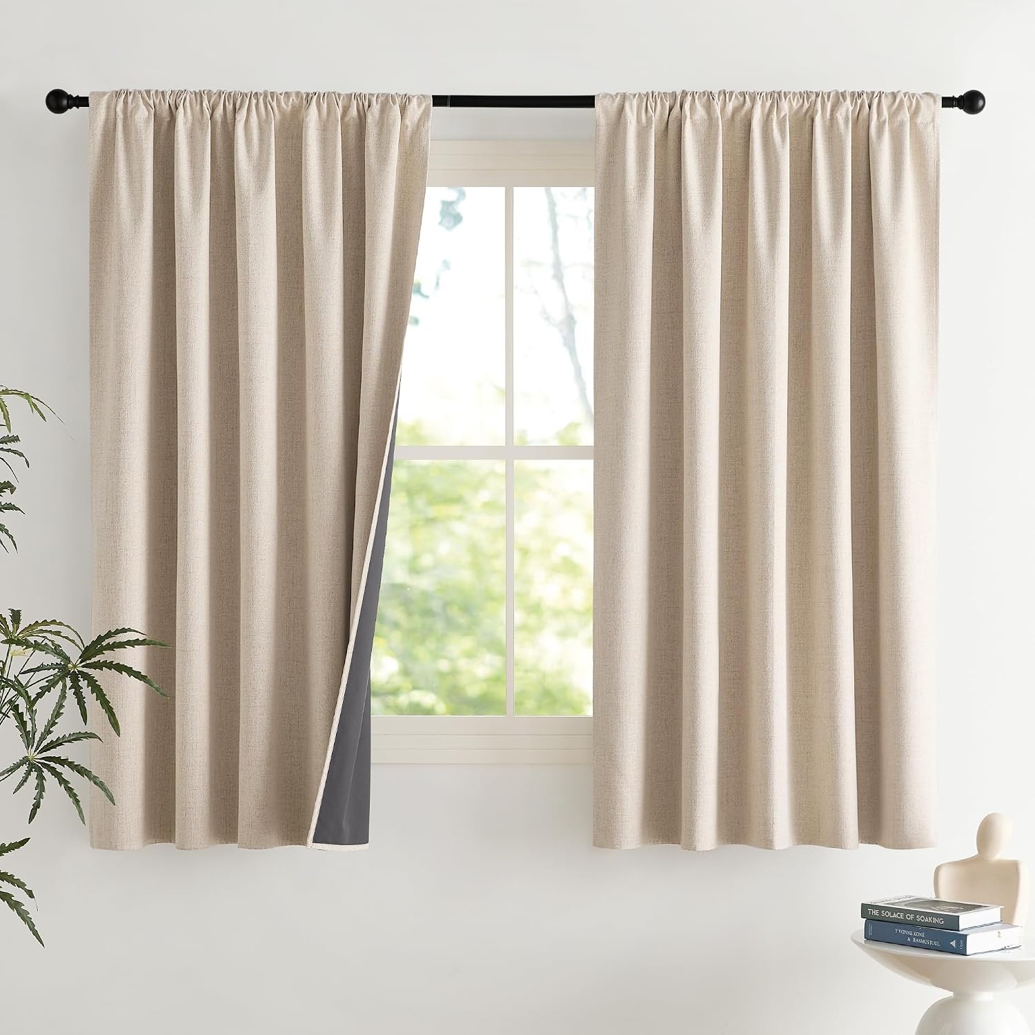 image:imageNICETOWN Natural Faux Linen 100 Blackout Curtains 2 Panels Set 52 x 72 Inch Rod Pocket Thermal Insulated Room Darkening Drapes for Bedroom Nursery Modern Farmhouse Decor Noise ReducingBeige