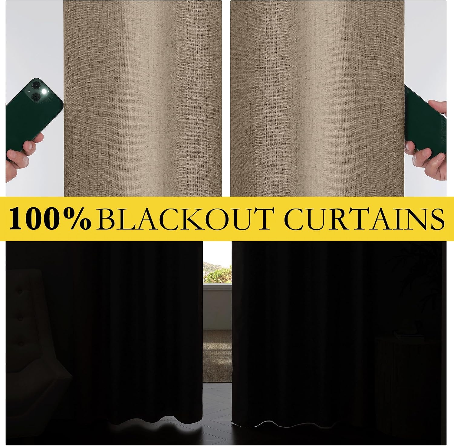 image:imageNICETOWN Natural Faux Linen 100 Blackout Curtains 2 Panels Set 52 x 72 Inch Rod Pocket Thermal Insulated Room Darkening Drapes for Bedroom Nursery Modern Farmhouse Decor Noise ReducingBurlap