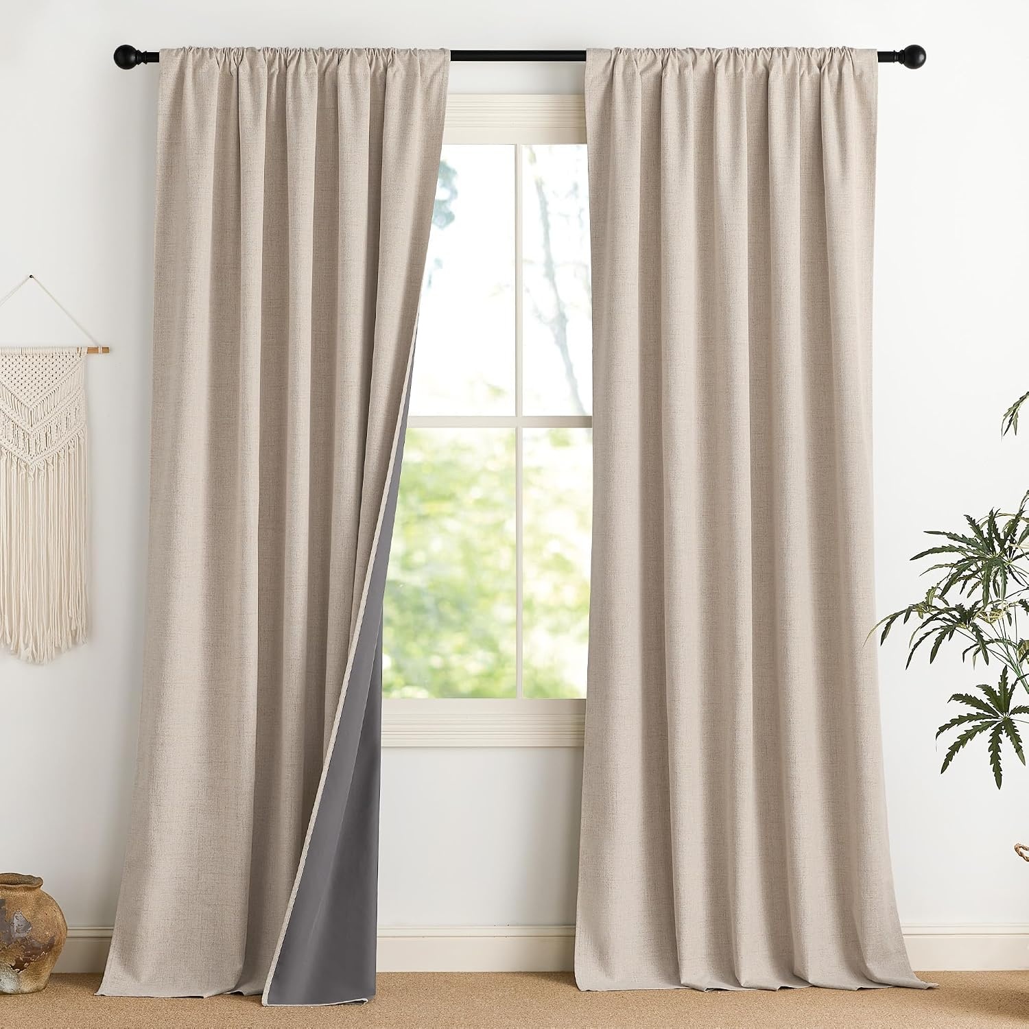 image:imageNICETOWN Natural Faux Linen 100 Blackout Curtains 2 Panels Set 52 x 72 Inch Rod Pocket Thermal Insulated Room Darkening Drapes for Bedroom Nursery Modern Farmhouse Decor Noise ReducingNatural