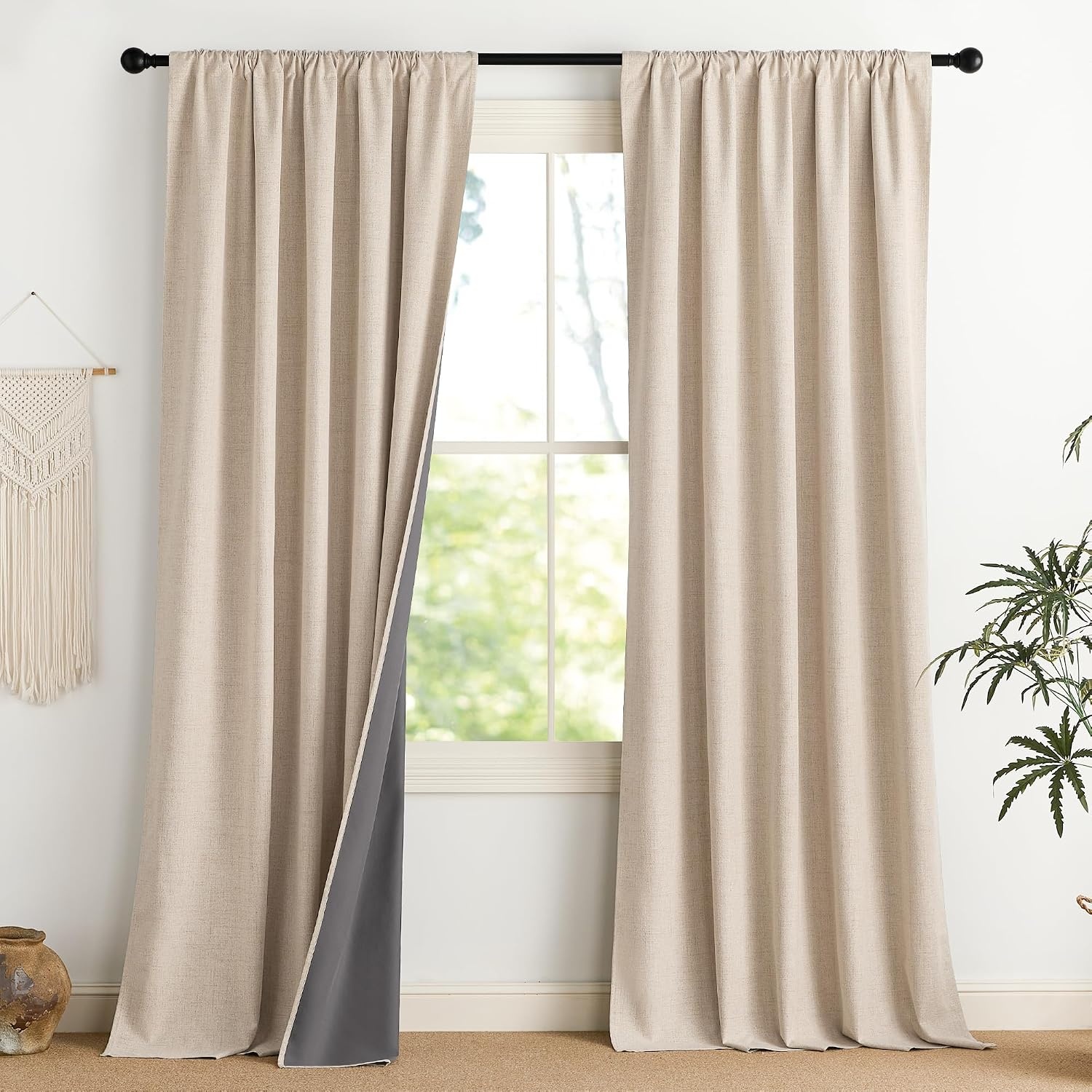 image:imageNICETOWN Natural Faux Linen 100 Blackout Curtains 2 Panels Set 52 x 72 Inch Rod Pocket Thermal Insulated Room Darkening Drapes for Bedroom Nursery Modern Farmhouse Decor Noise ReducingBeige