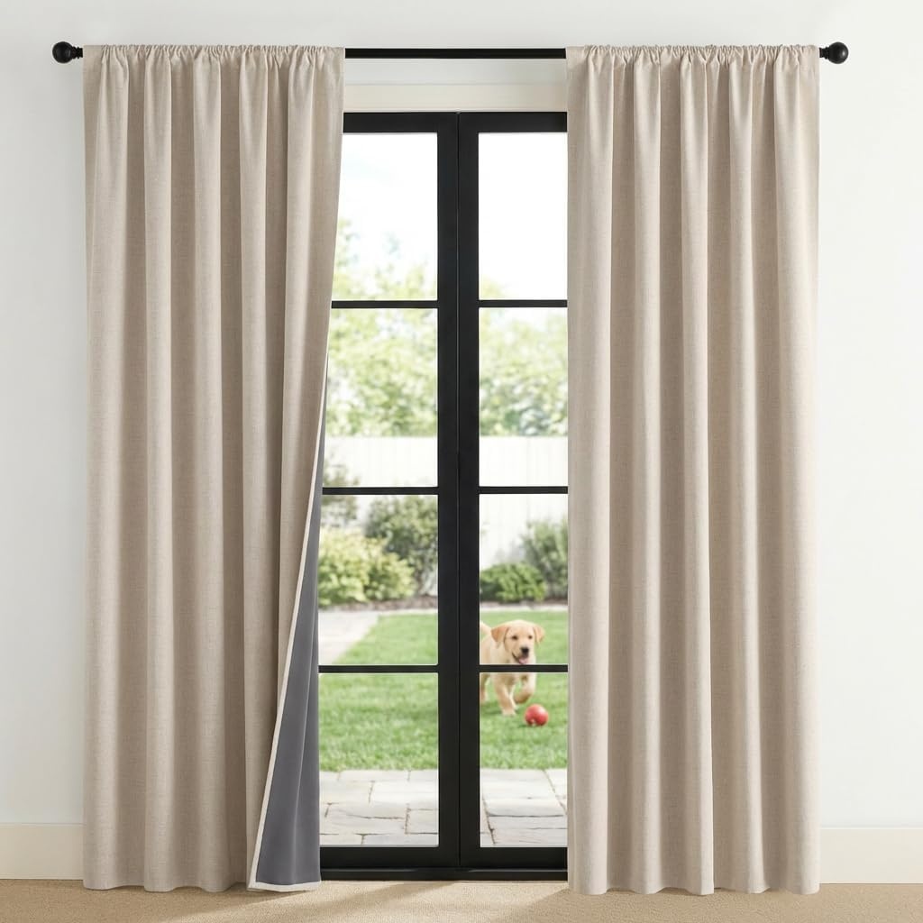 image:imageNICETOWN Natural Faux Linen 100 Blackout Curtains 2 Panels Set 52 x 72 Inch Rod Pocket Thermal Insulated Room Darkening Drapes for Bedroom Nursery Modern Farmhouse Decor Noise ReducingNatural